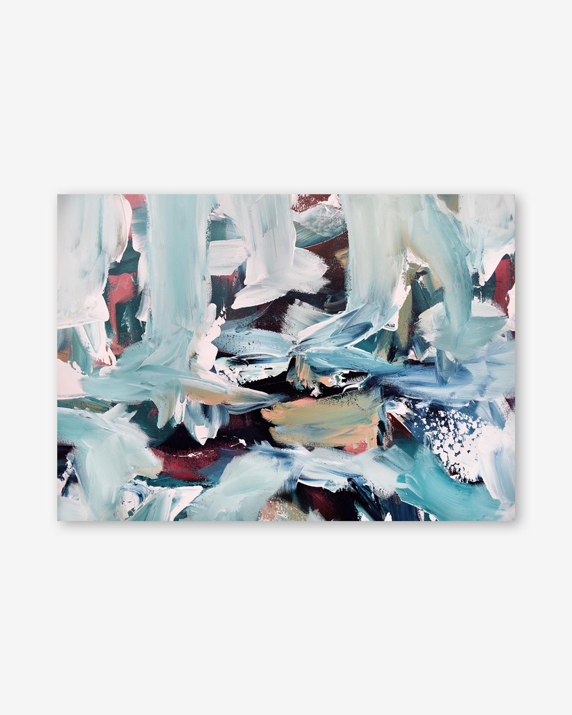 Abstract art print with blue, white, and red colors on a white background