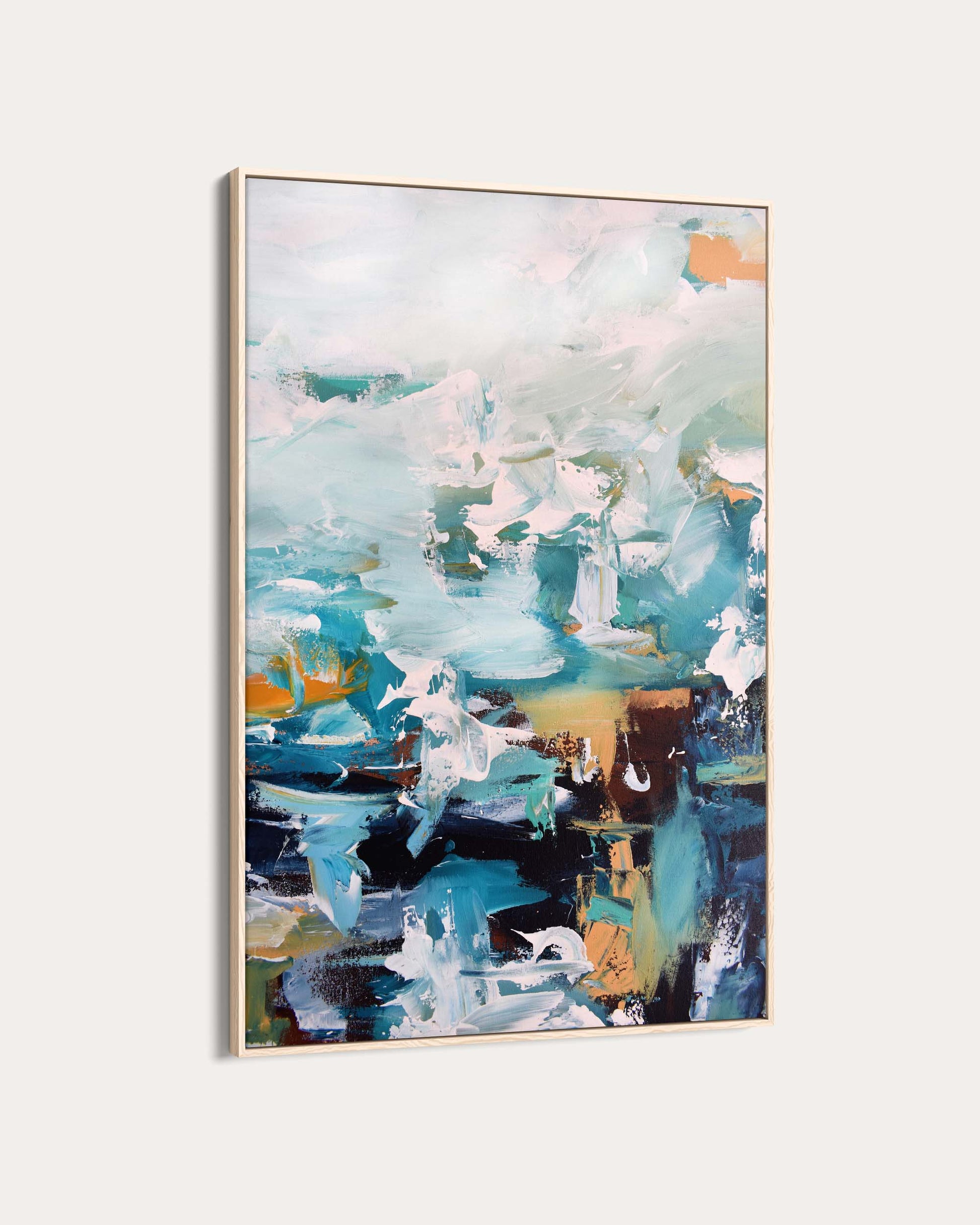 Abstract art painting with a gold frame on a white background