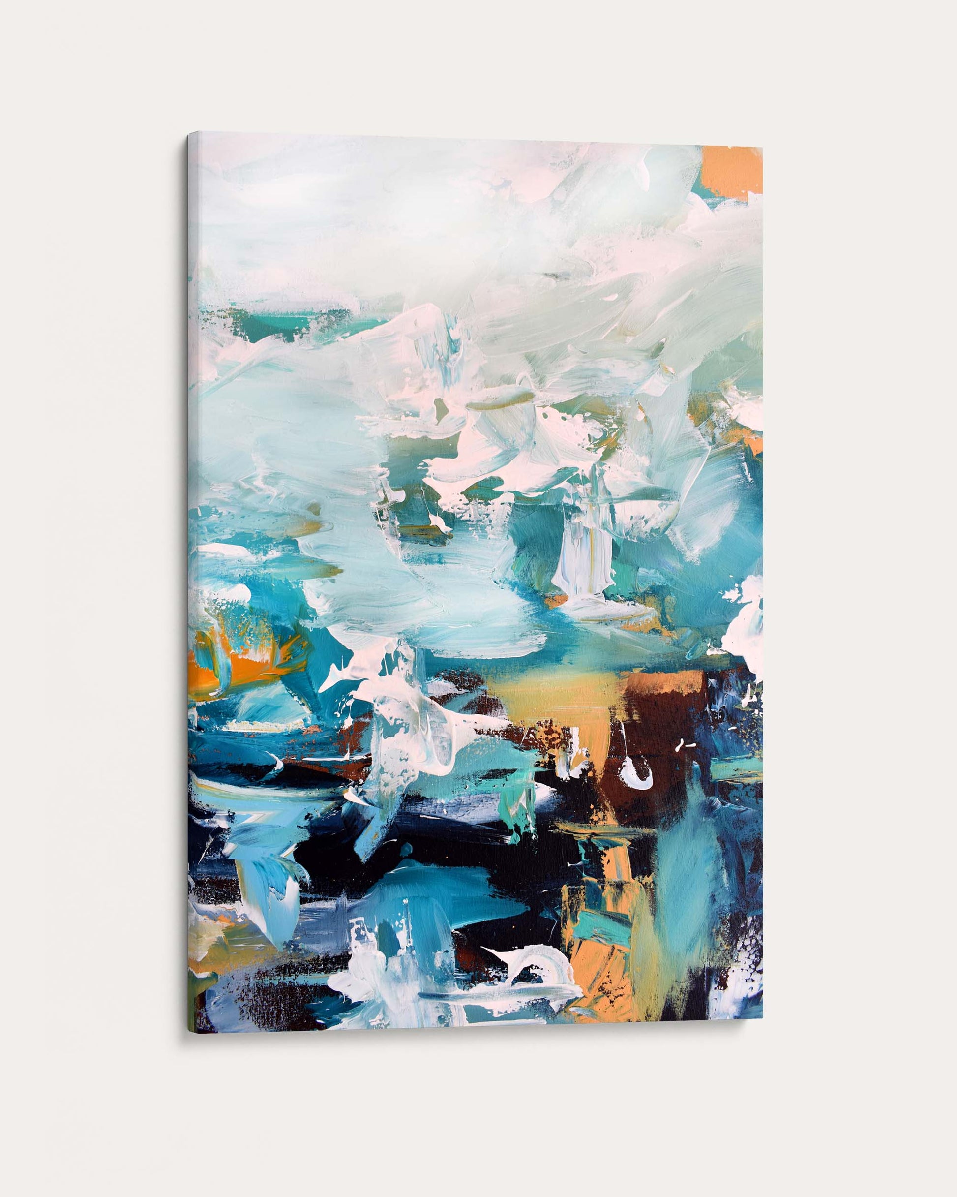 Abstract painting with a mix of blue, orange, and white on a light gray background