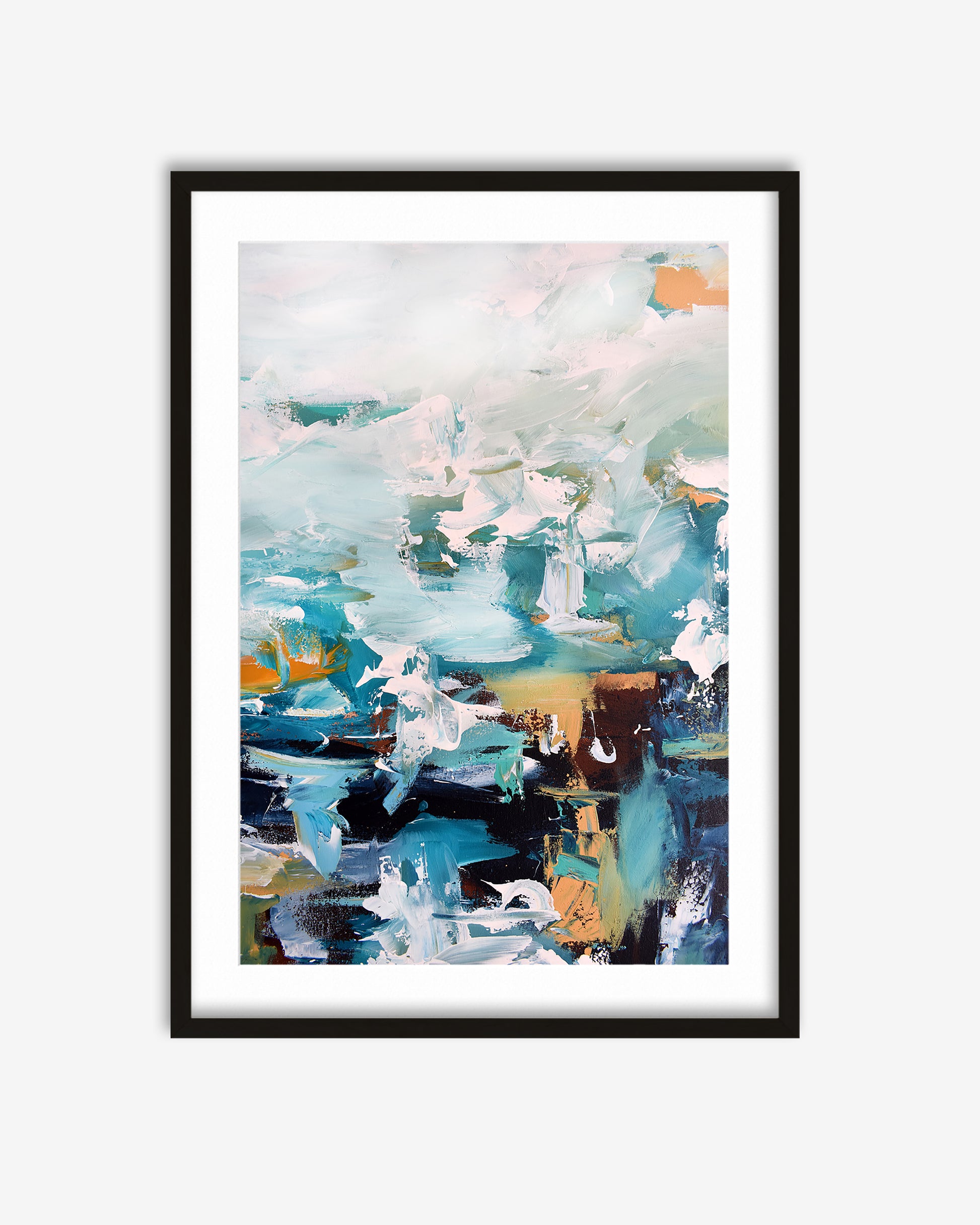 Framed abstract art print with colorful brush strokes on a white background