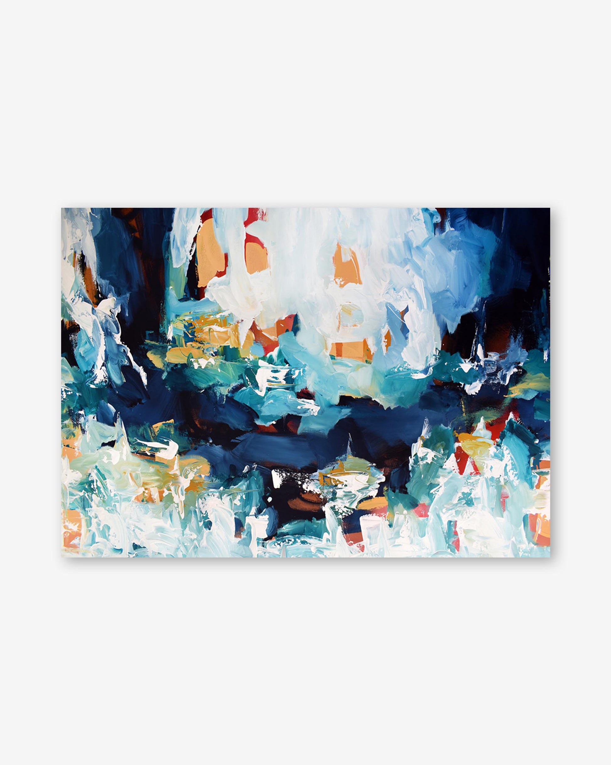 Abstract art print with blue, white, and orange colors on a white background