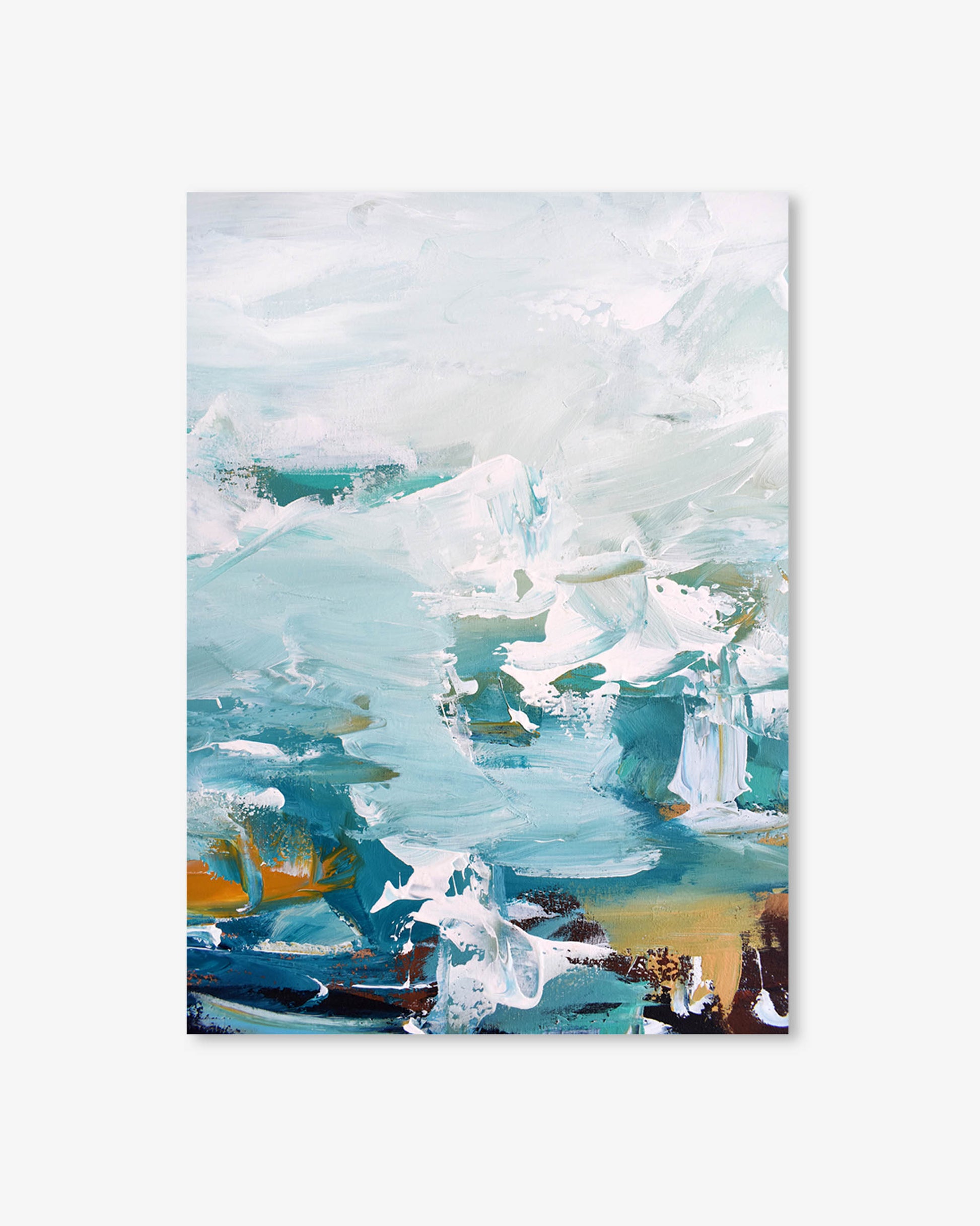 Abstract artwork with a focus on water and ice, featuring blue, white, and beige tones.