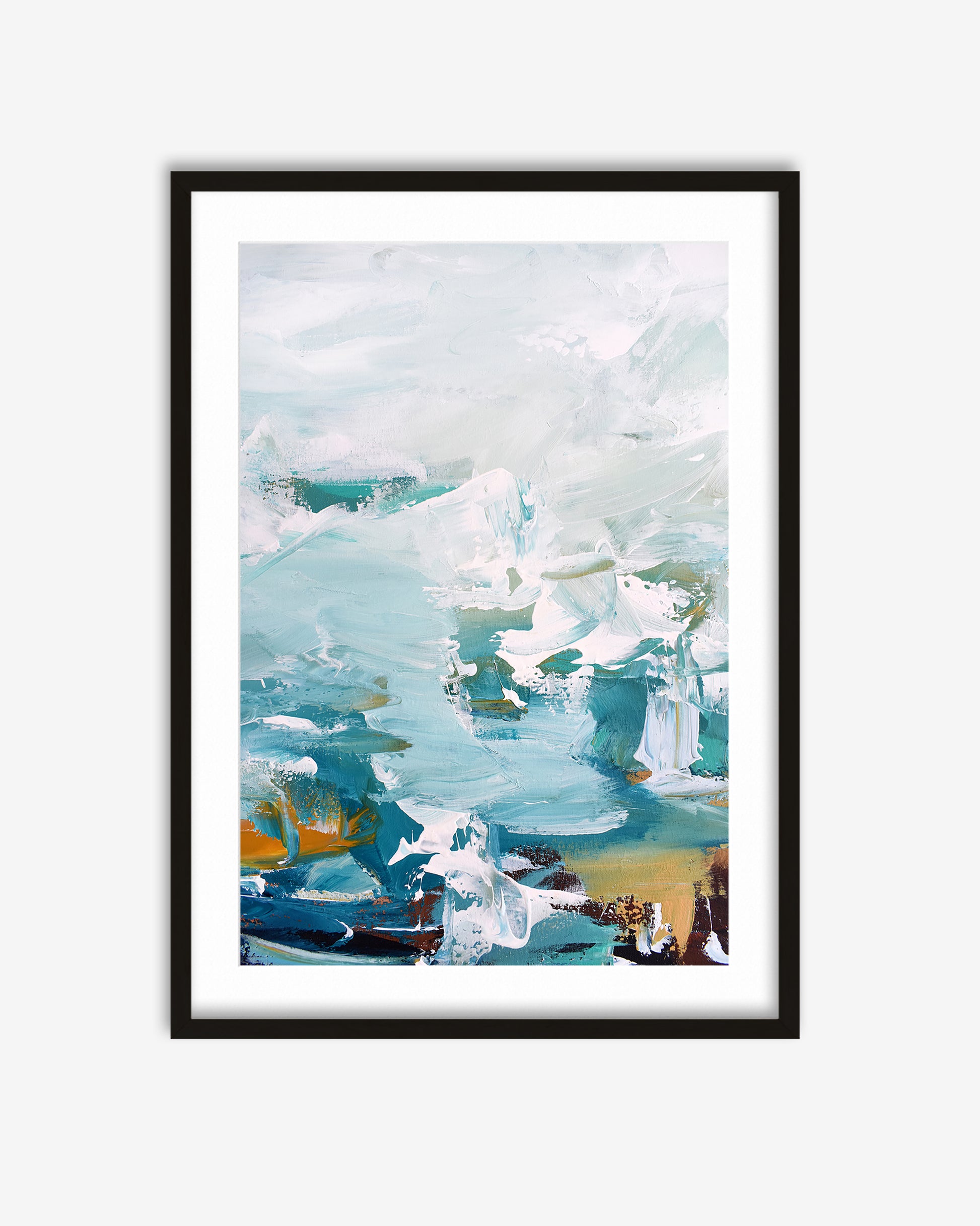 Framed abstract art print with blue and white tones on a light gray background