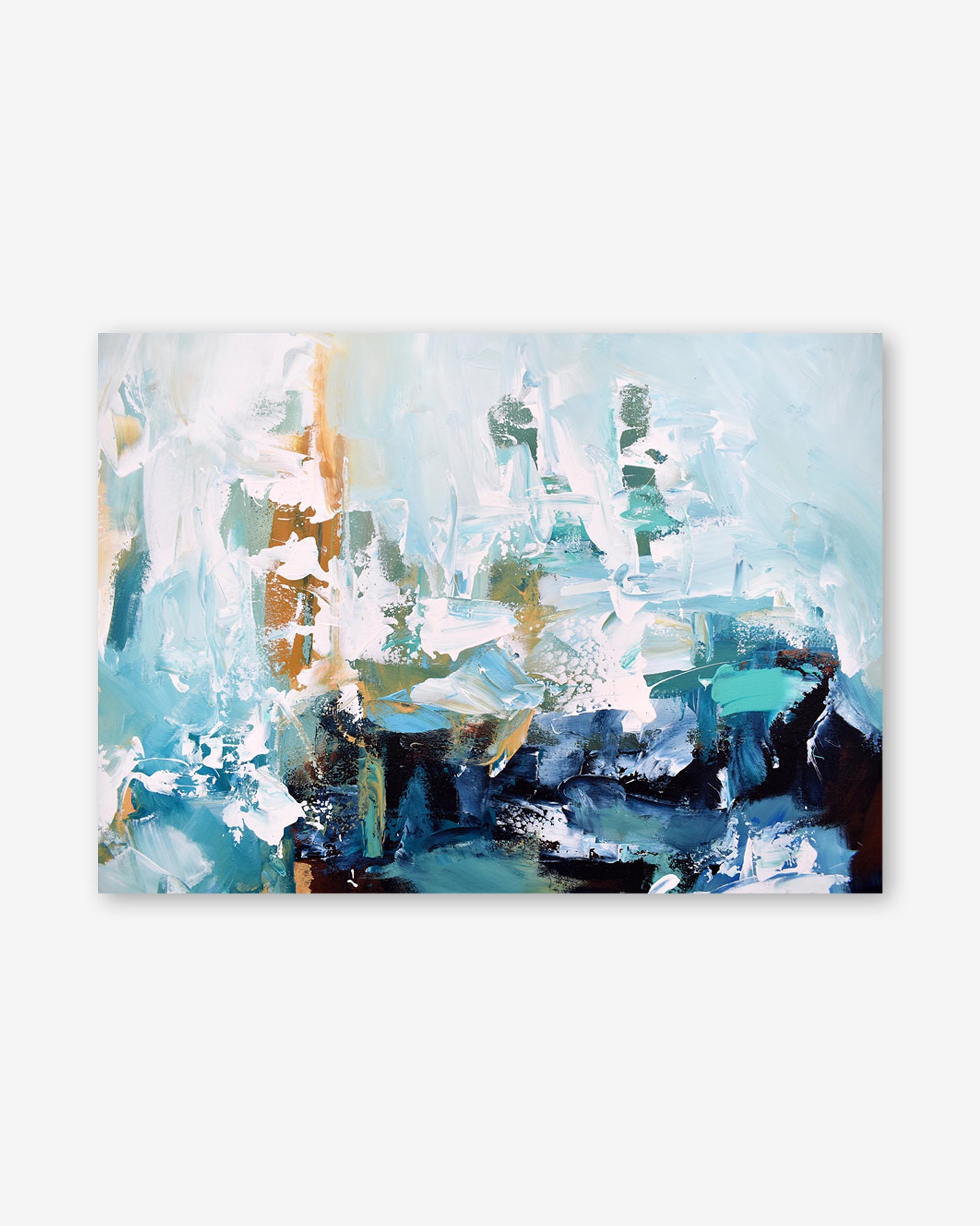 Abstract painting with blue, white, and brown colors on a white background