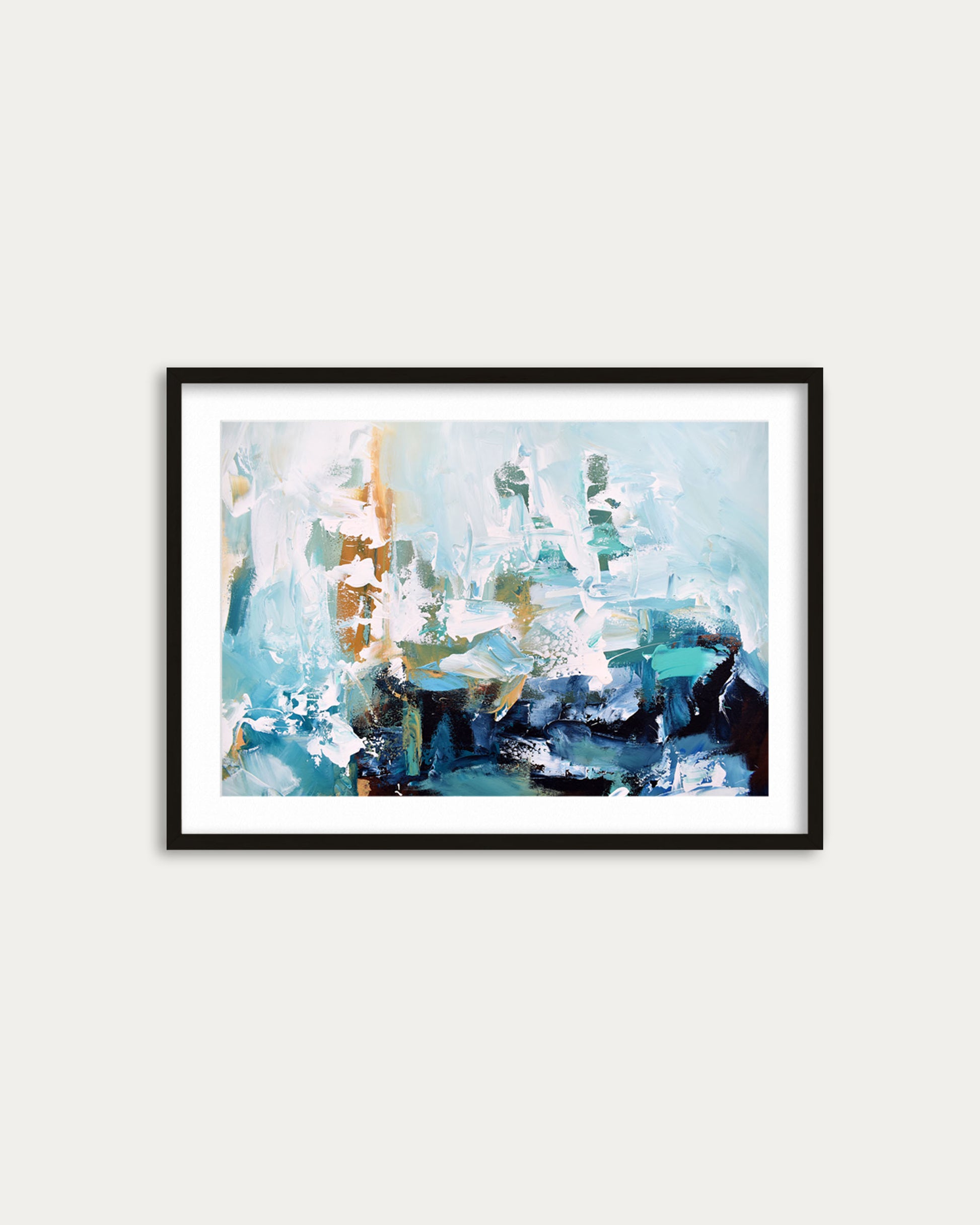 Framed abstract painting with blue and white tones on a light gray background