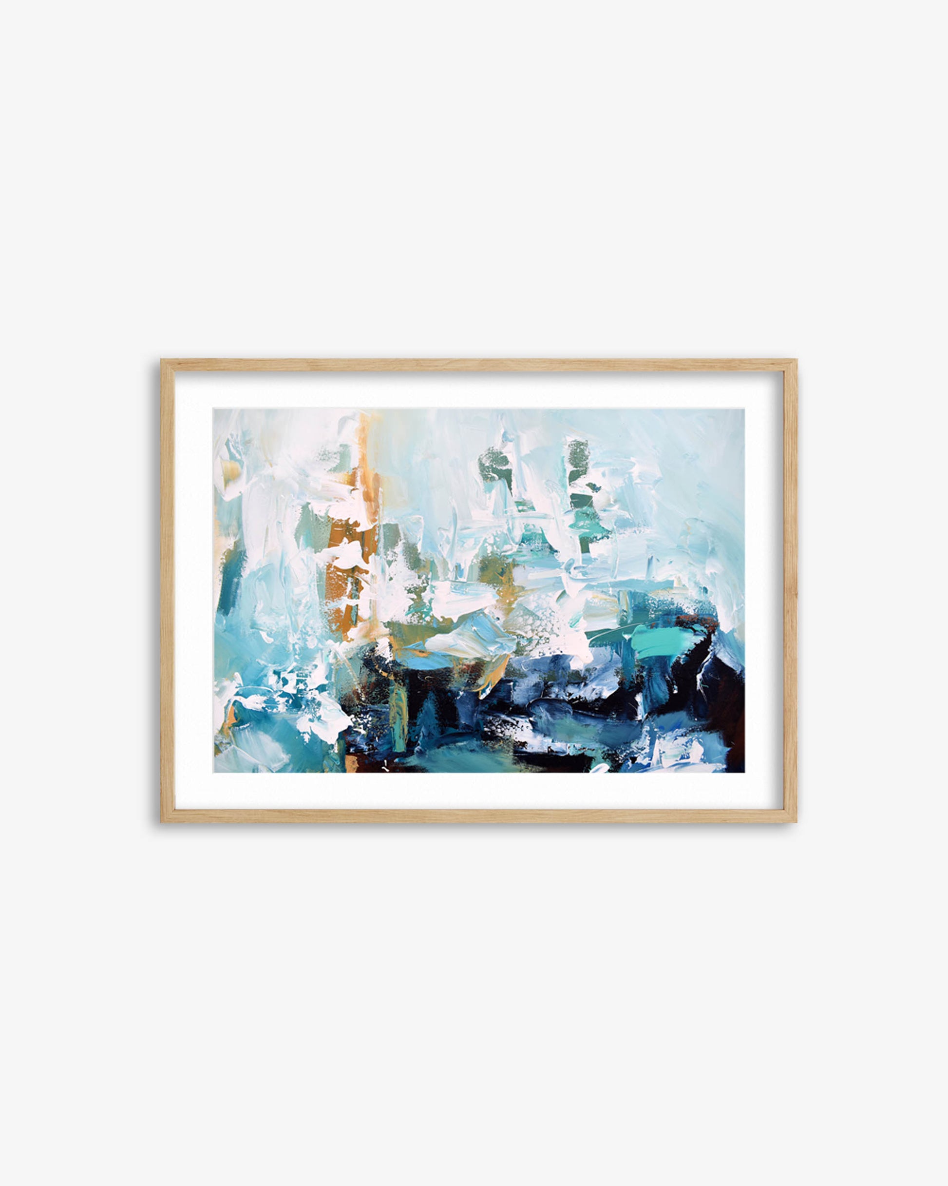 Framed abstract art print with blue and white colors on a light gray background