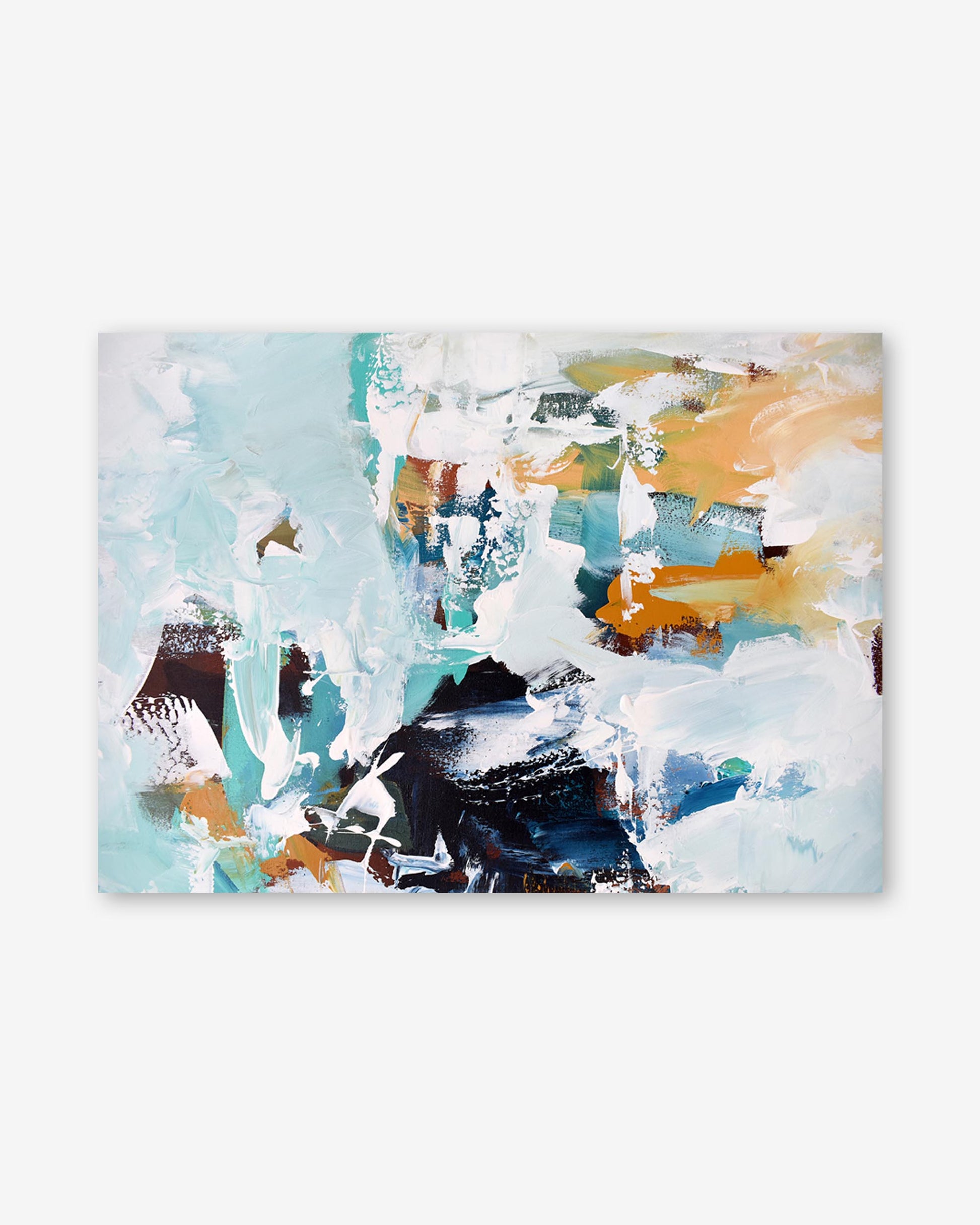 Abstract art print with splashes of blue, orange, and white on a light background