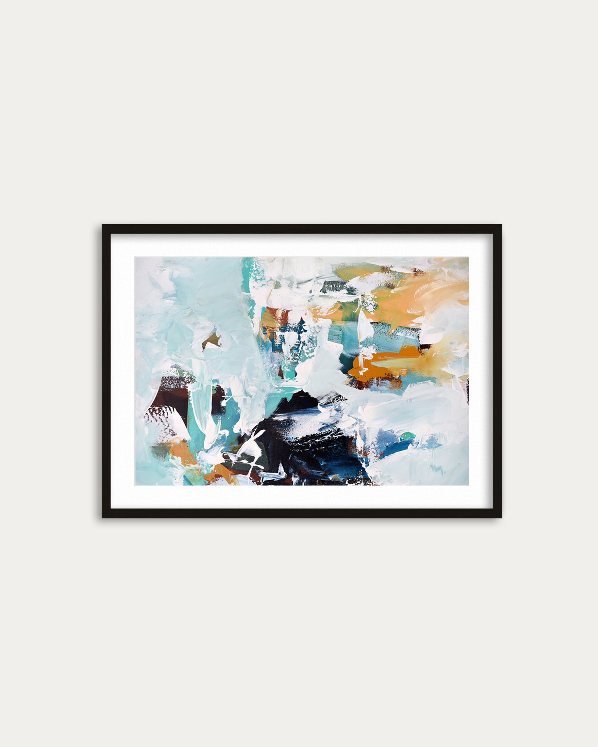 Framed abstract art print on a white wall