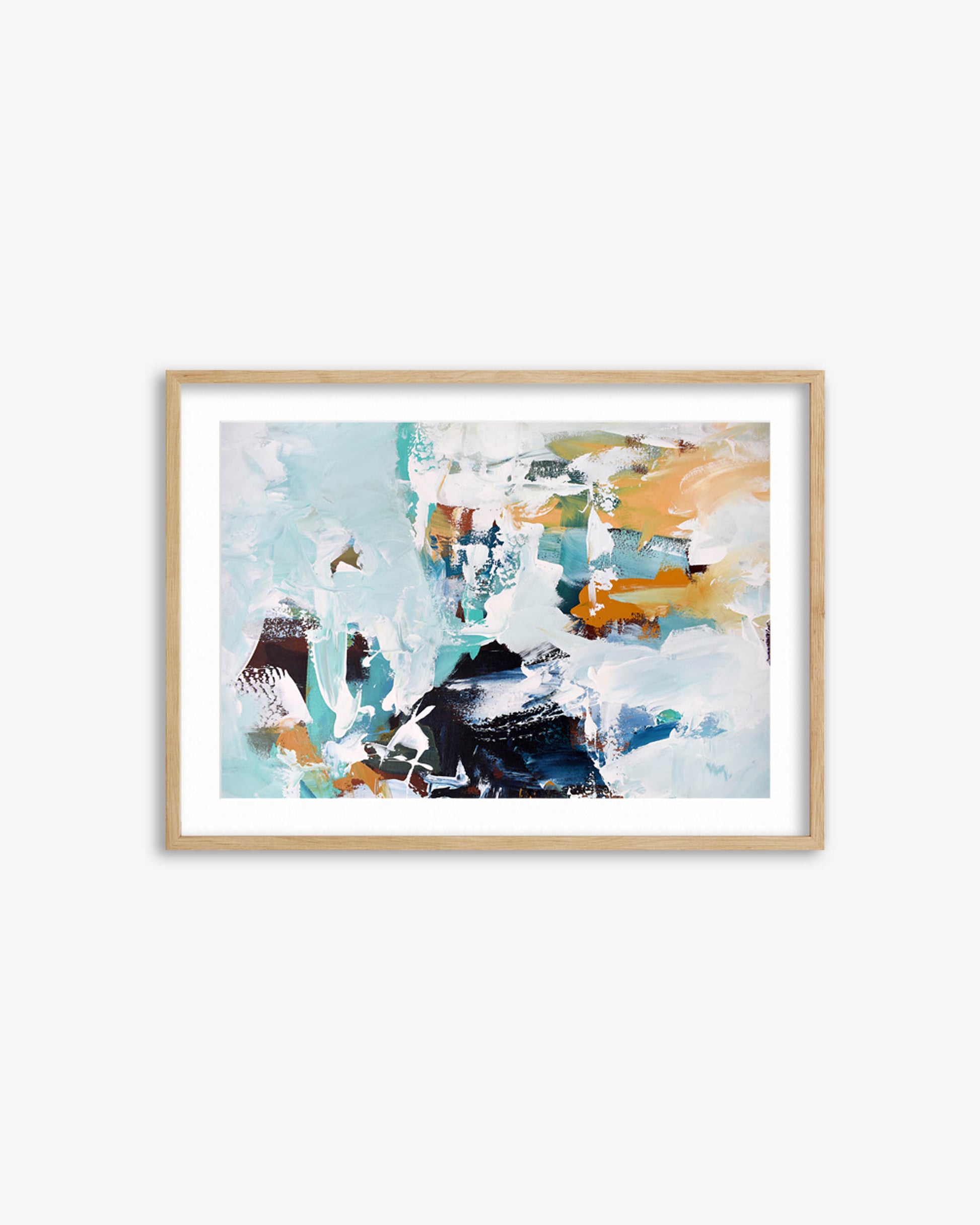 Framed abstract art print with a wooden frame on a white wall