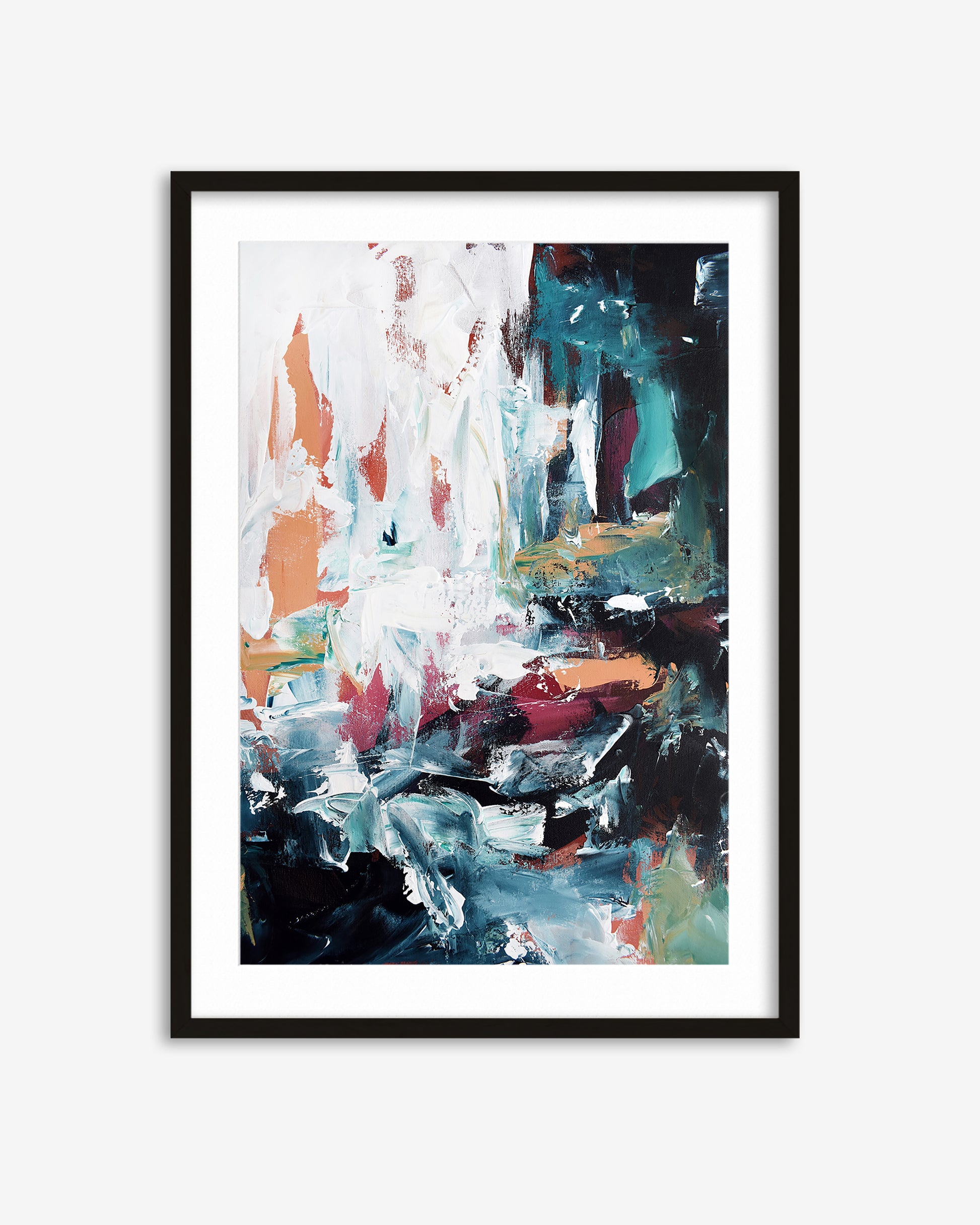Framed abstract art print with colorful brush strokes on a white background