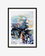 Framed abstract art print with colorful brush strokes on a white background