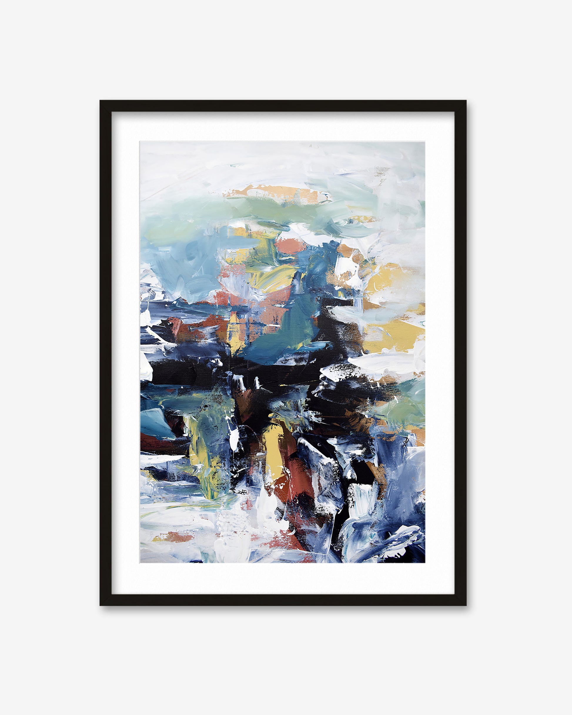Framed abstract art print with colorful brush strokes on a white background