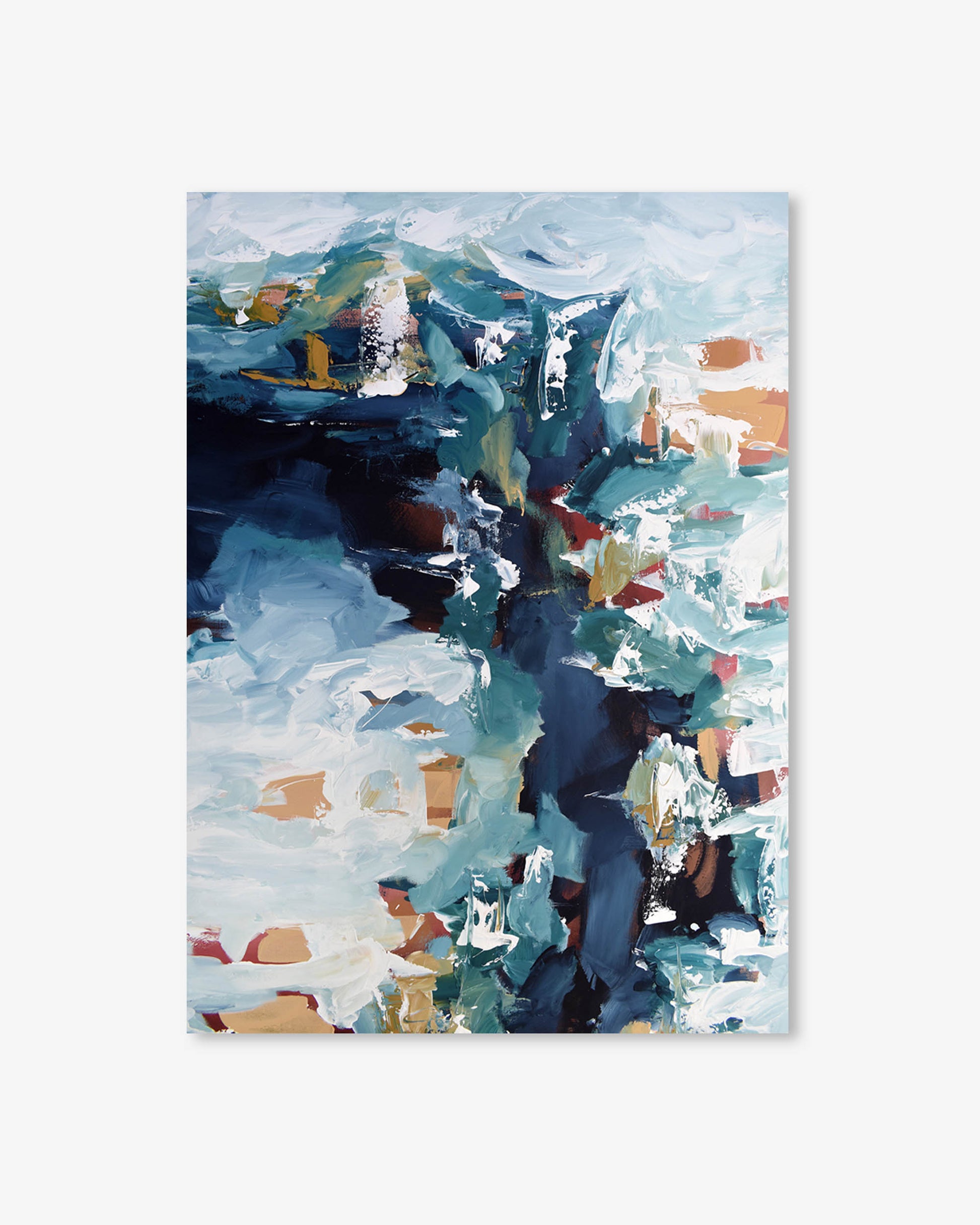 Abstract painting with a mix of blue, green, and orange colors on a white background