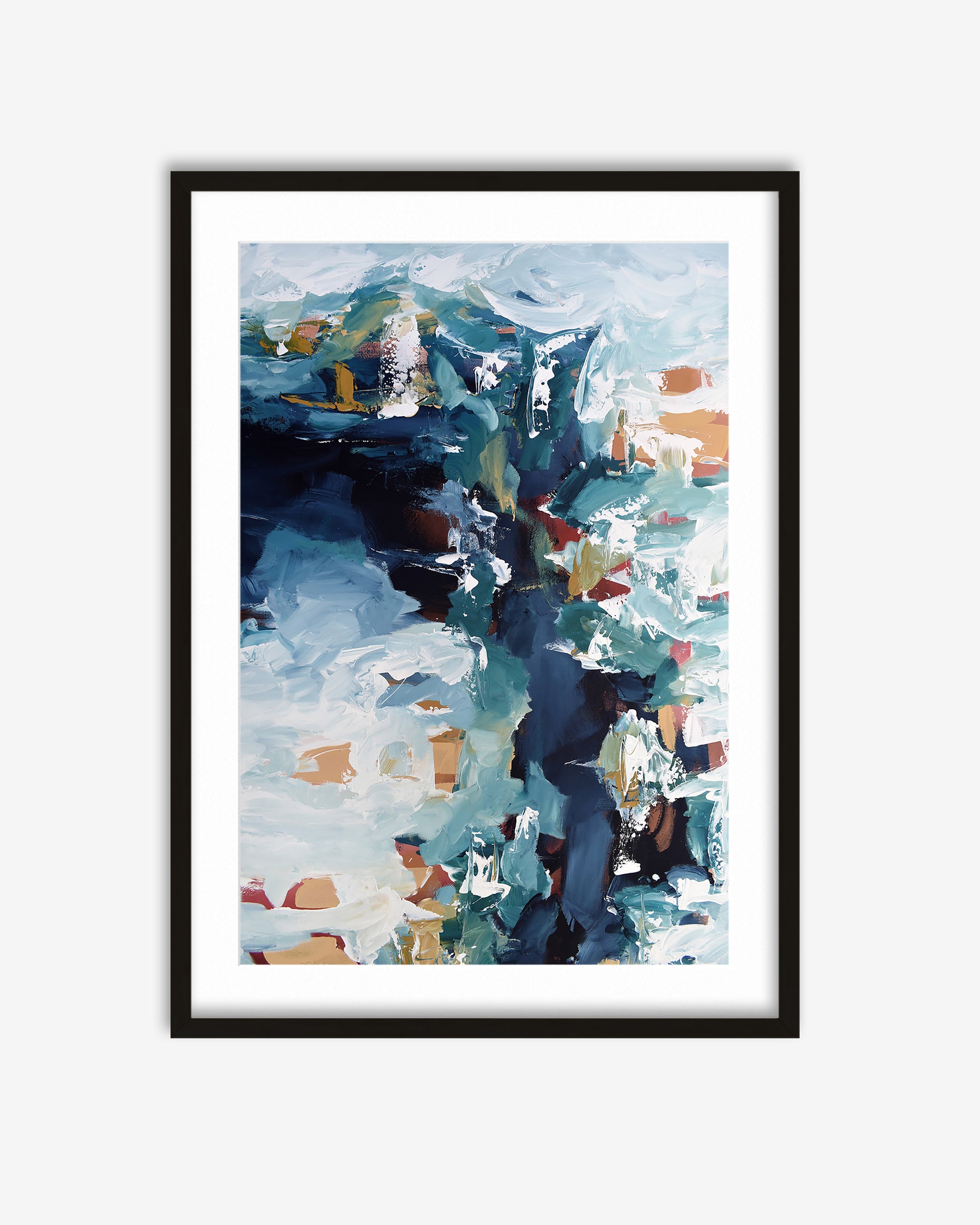 Framed abstract art print with blue and white colors on a light gray background