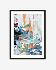Framed abstract art print with colorful brush strokes on a white background