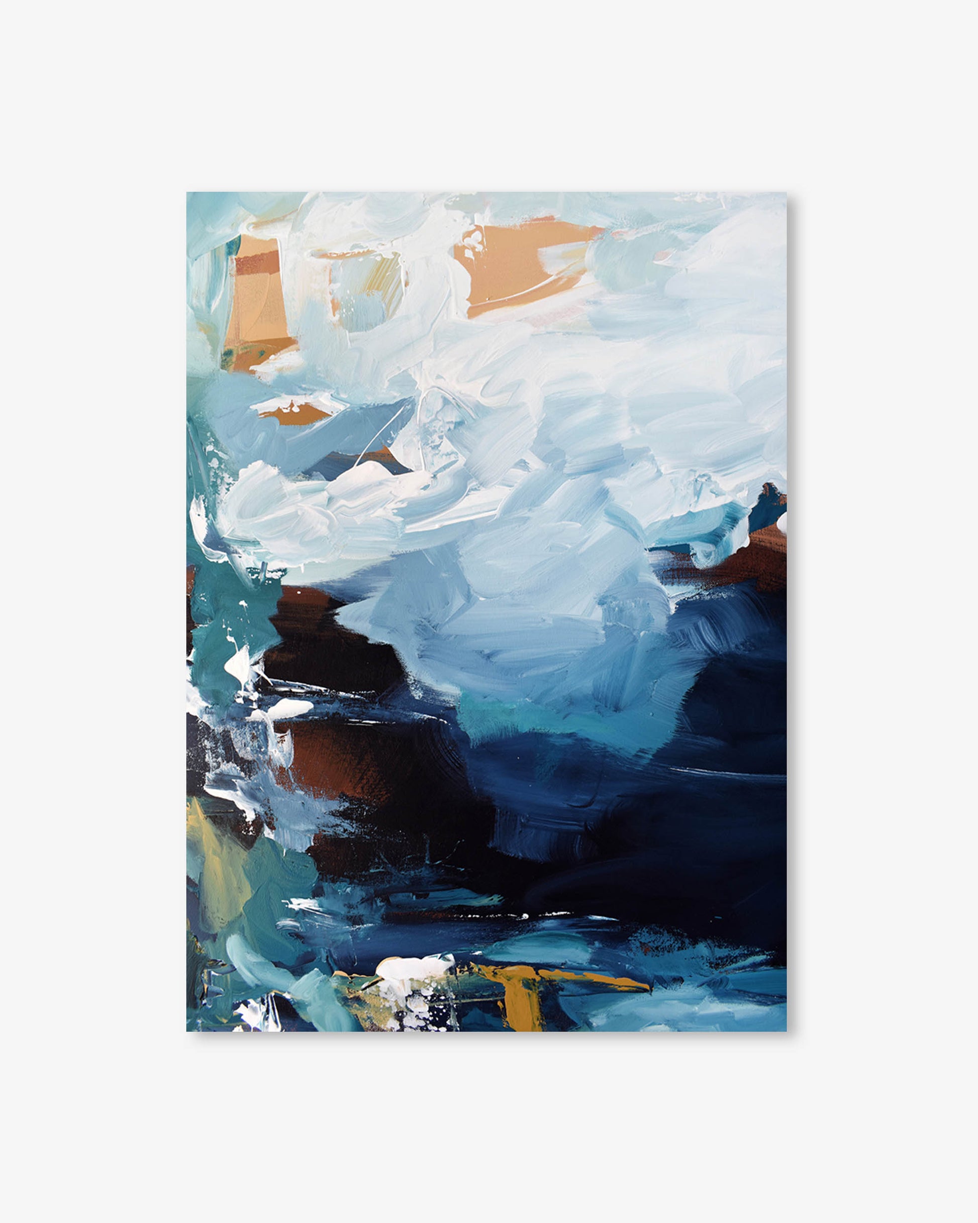 Abstract painting with blue, white, and brown tones on a light gray background