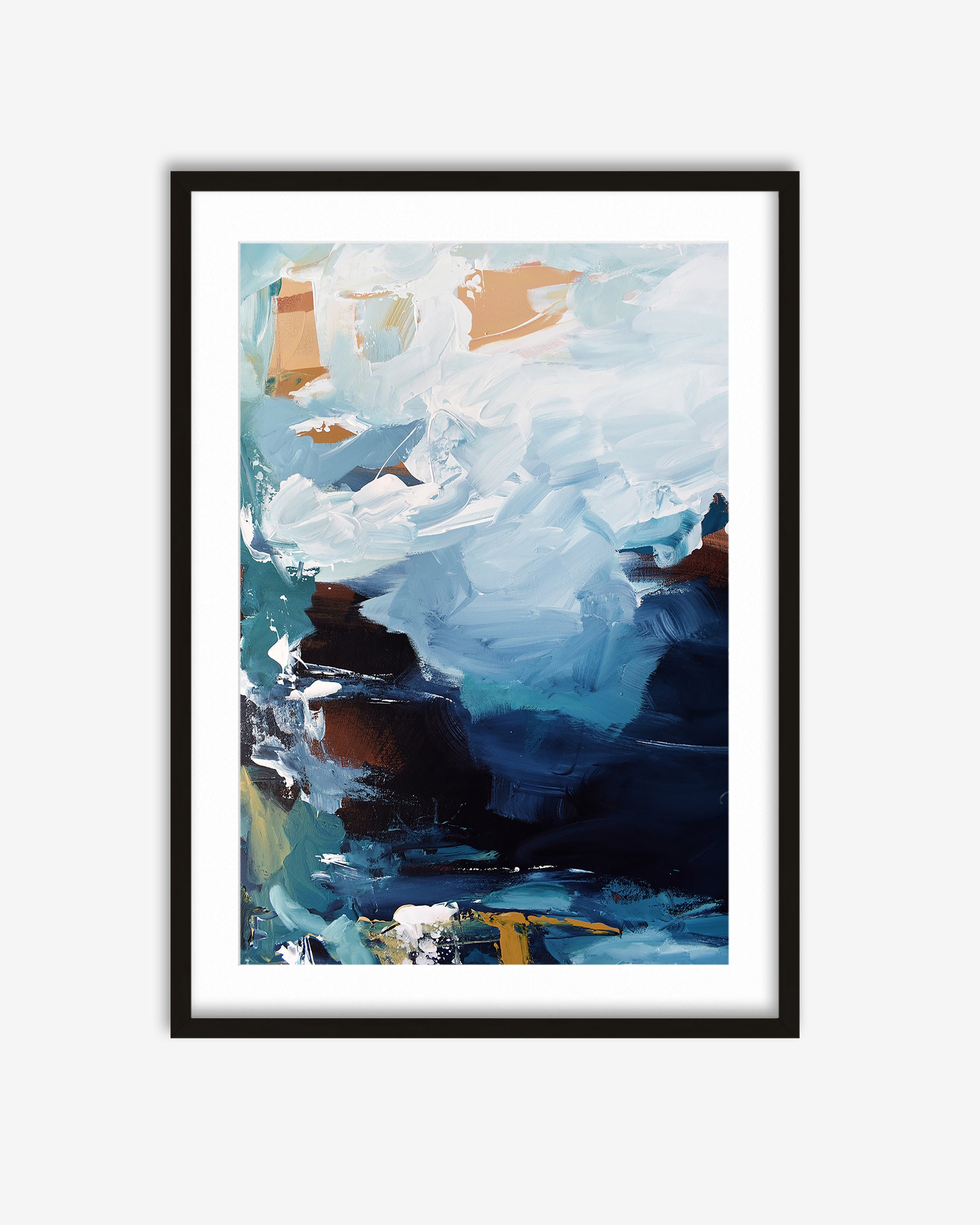 Framed abstract art print with blue and brown tones on a white background