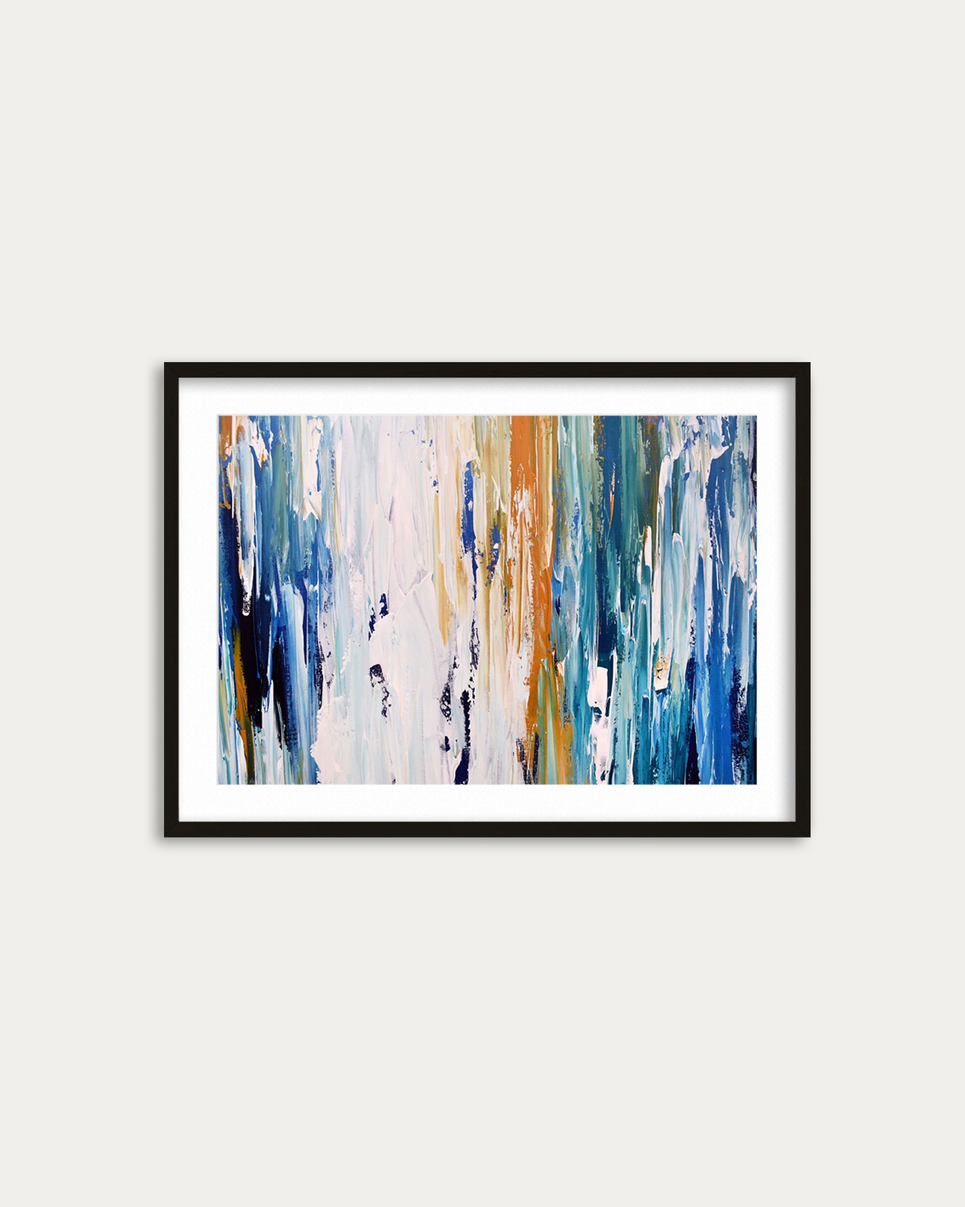 Framed abstract art print with blue, orange, and white colors on a light gray background