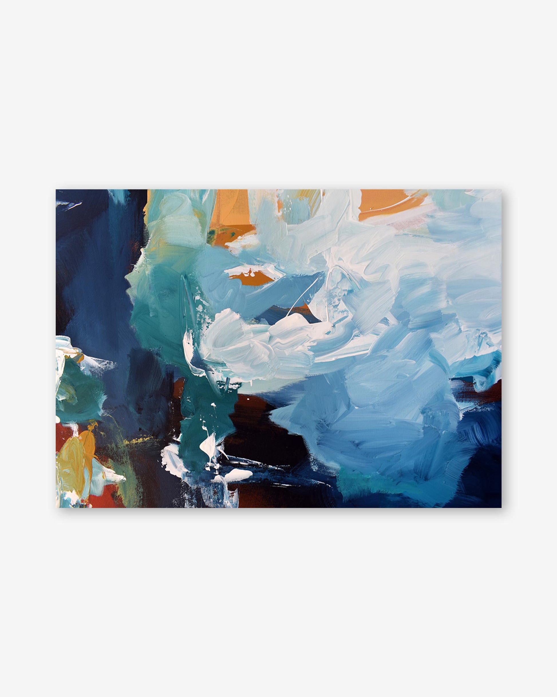 Abstract painting with blue, white, and orange colors on a white background