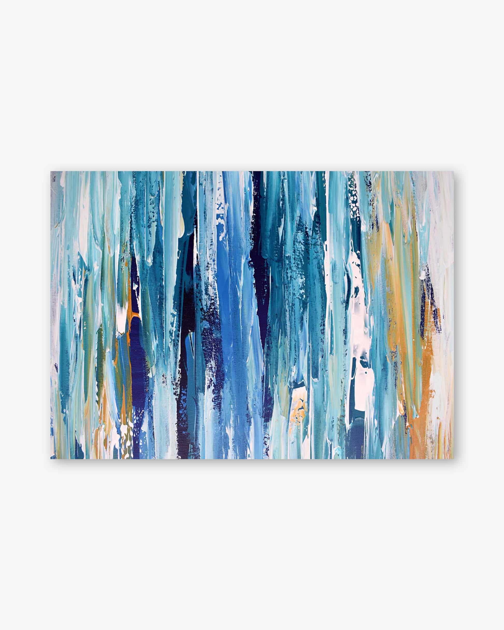 Abstract painting with blue, green, and beige strokes on a white background