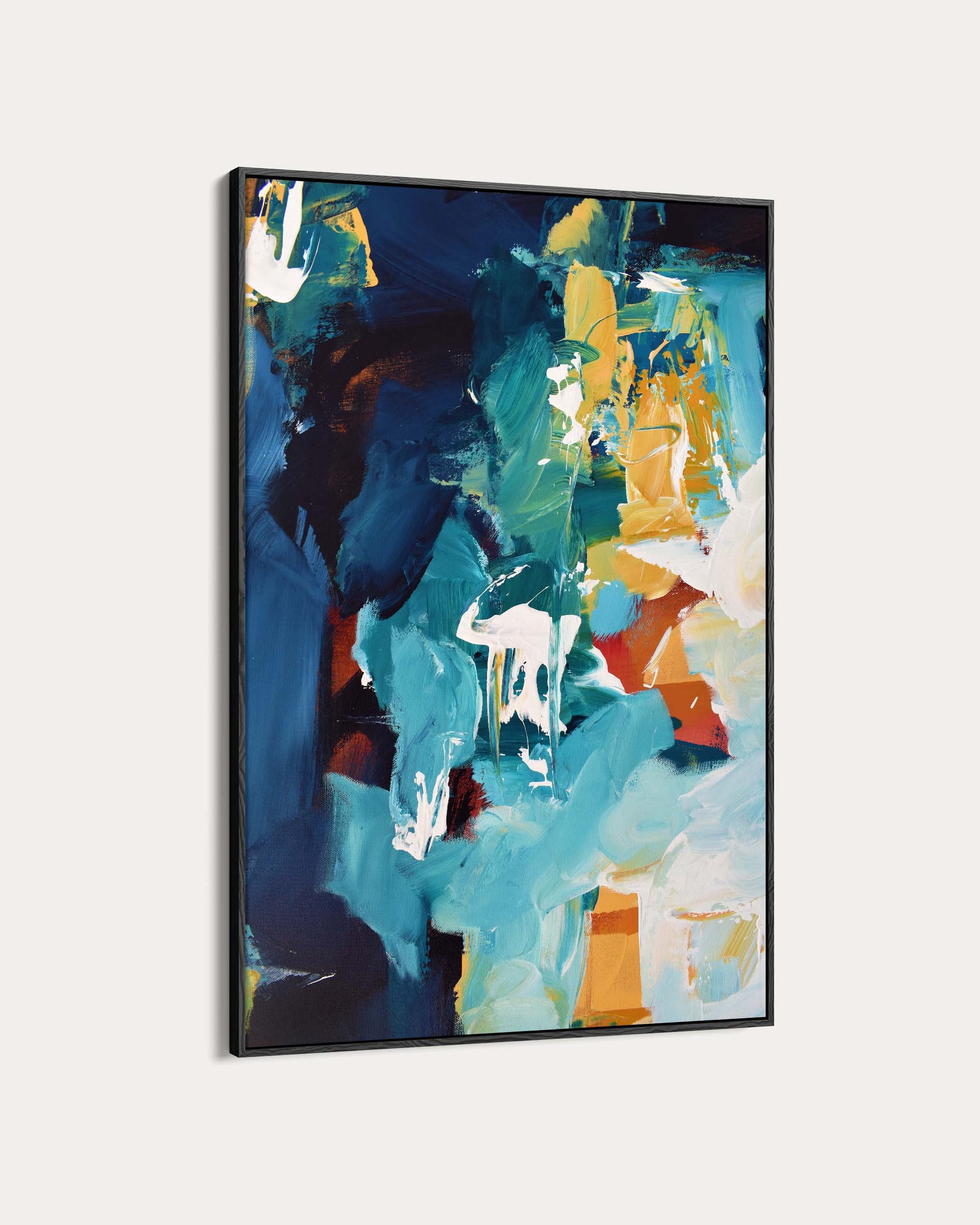 Abstract painting with blue, yellow, and white colors on a light gray background