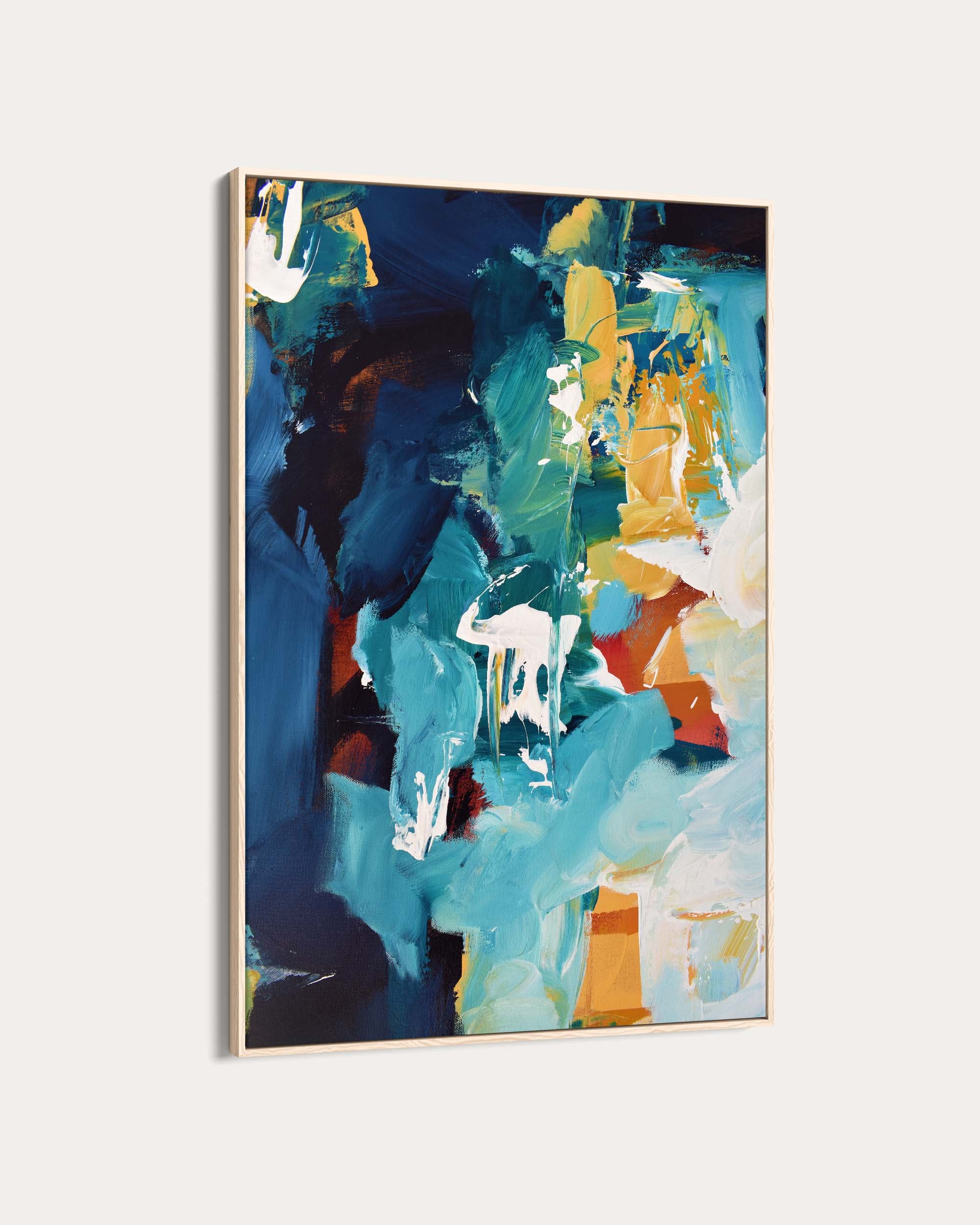 Abstract painting with blue, green, and yellow colors on a white background
