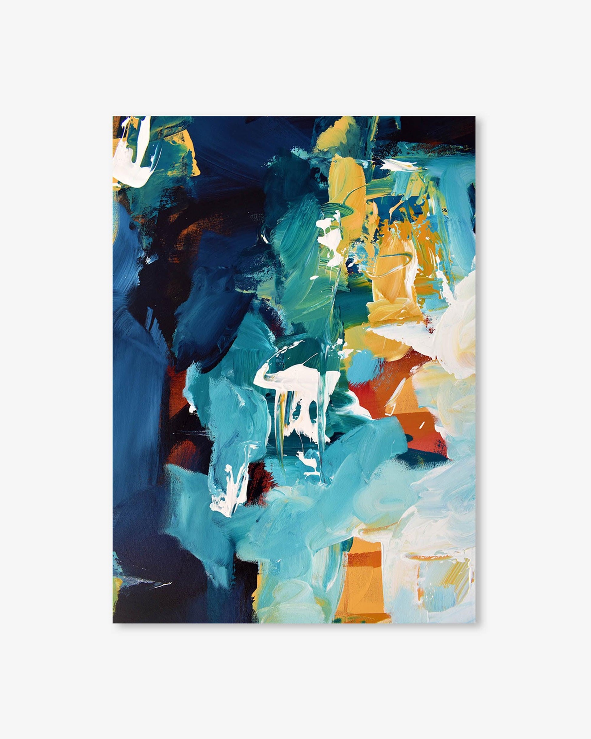 Abstract art print with a mix of blue, yellow, and white colors on a light gray background