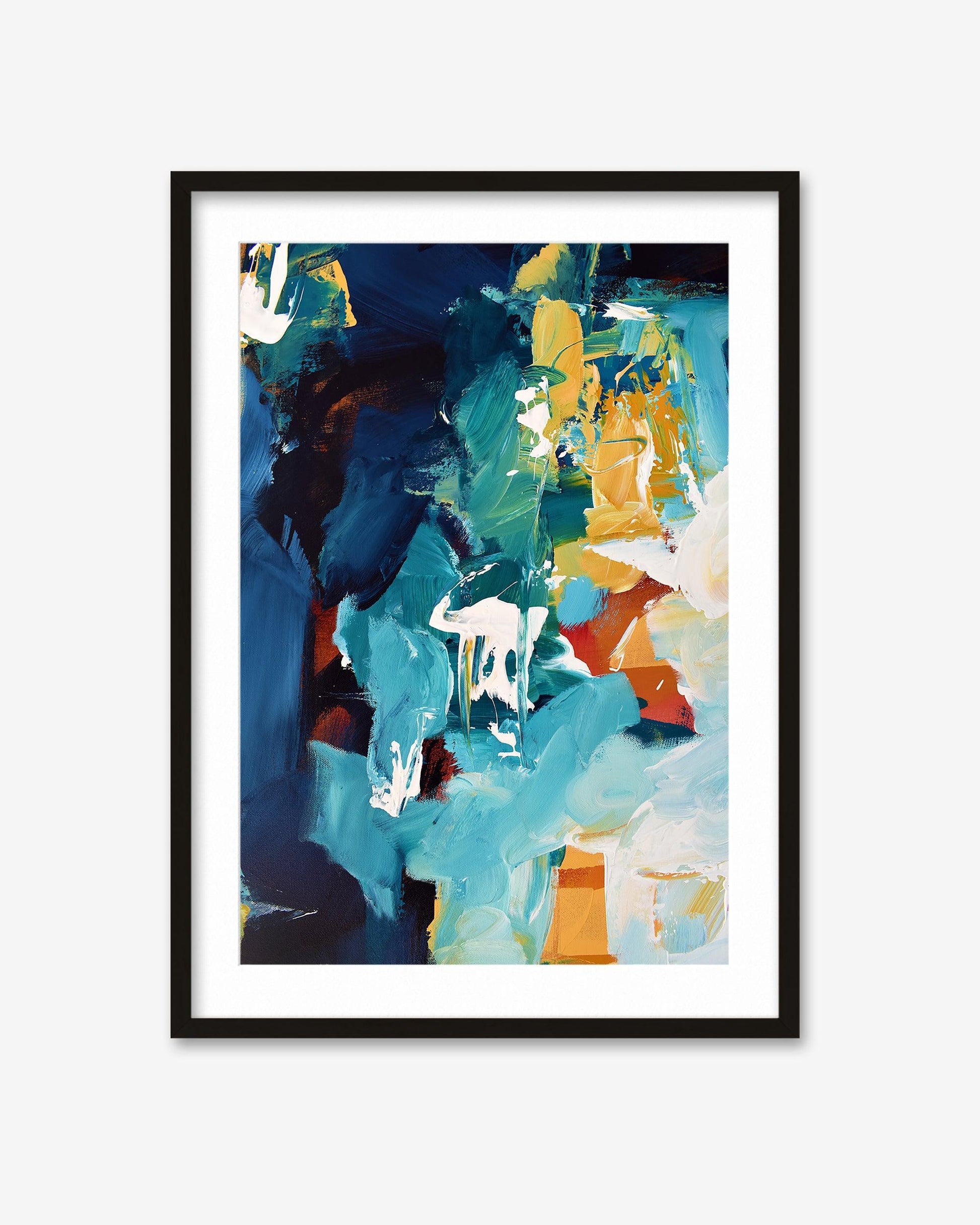 Framed abstract art with colorful brush strokes on a white background