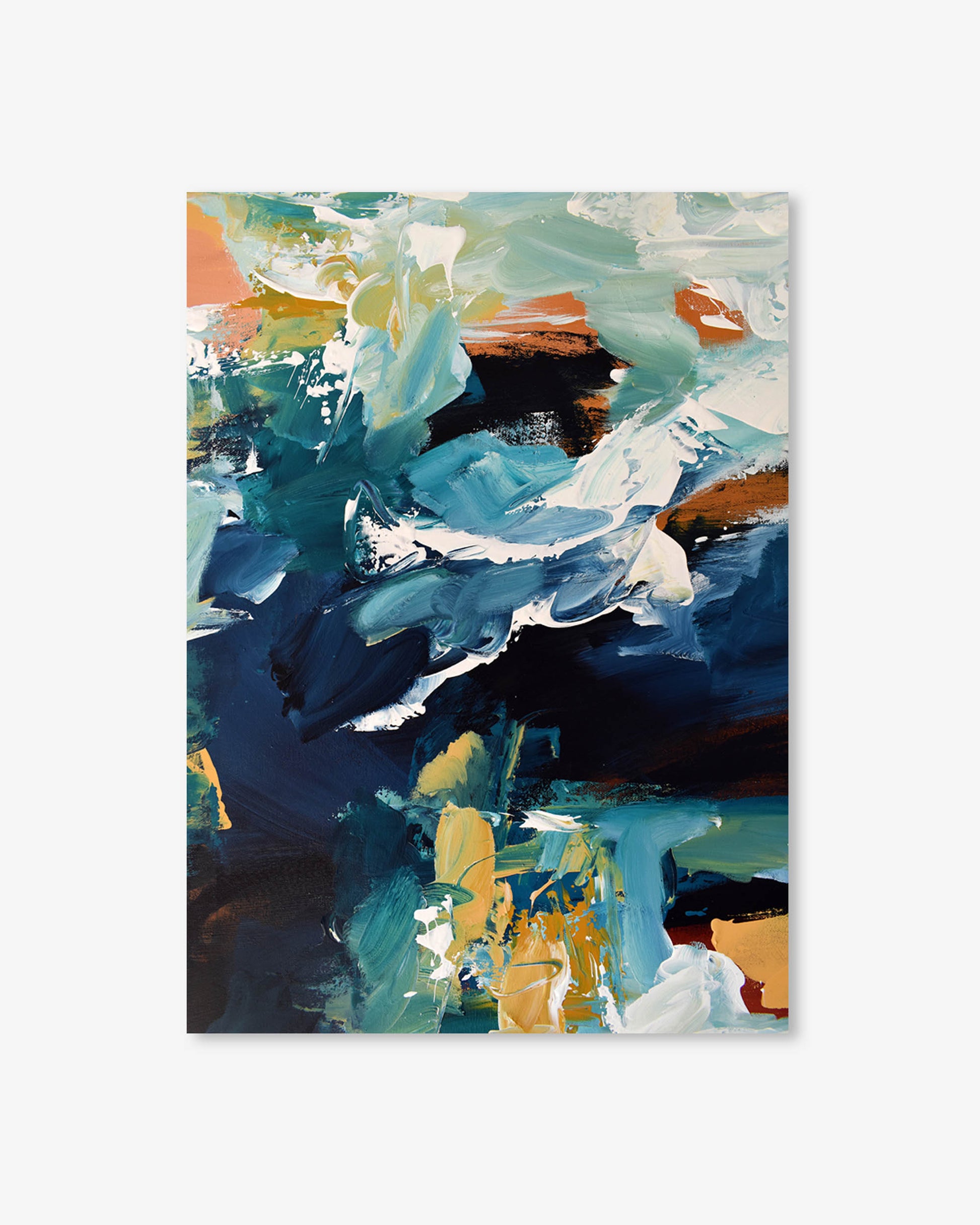 Abstract painting with a mix of blue, green, and orange on a white background