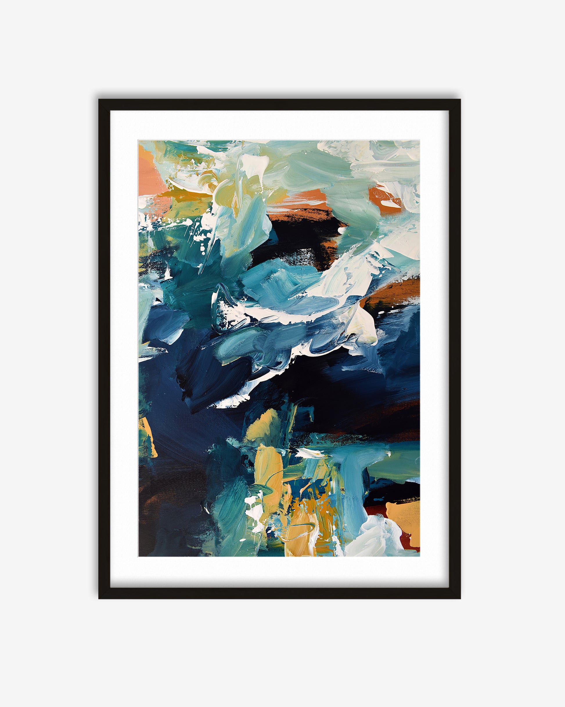 Framed abstract art print with a colorful brushstroke design on a white background