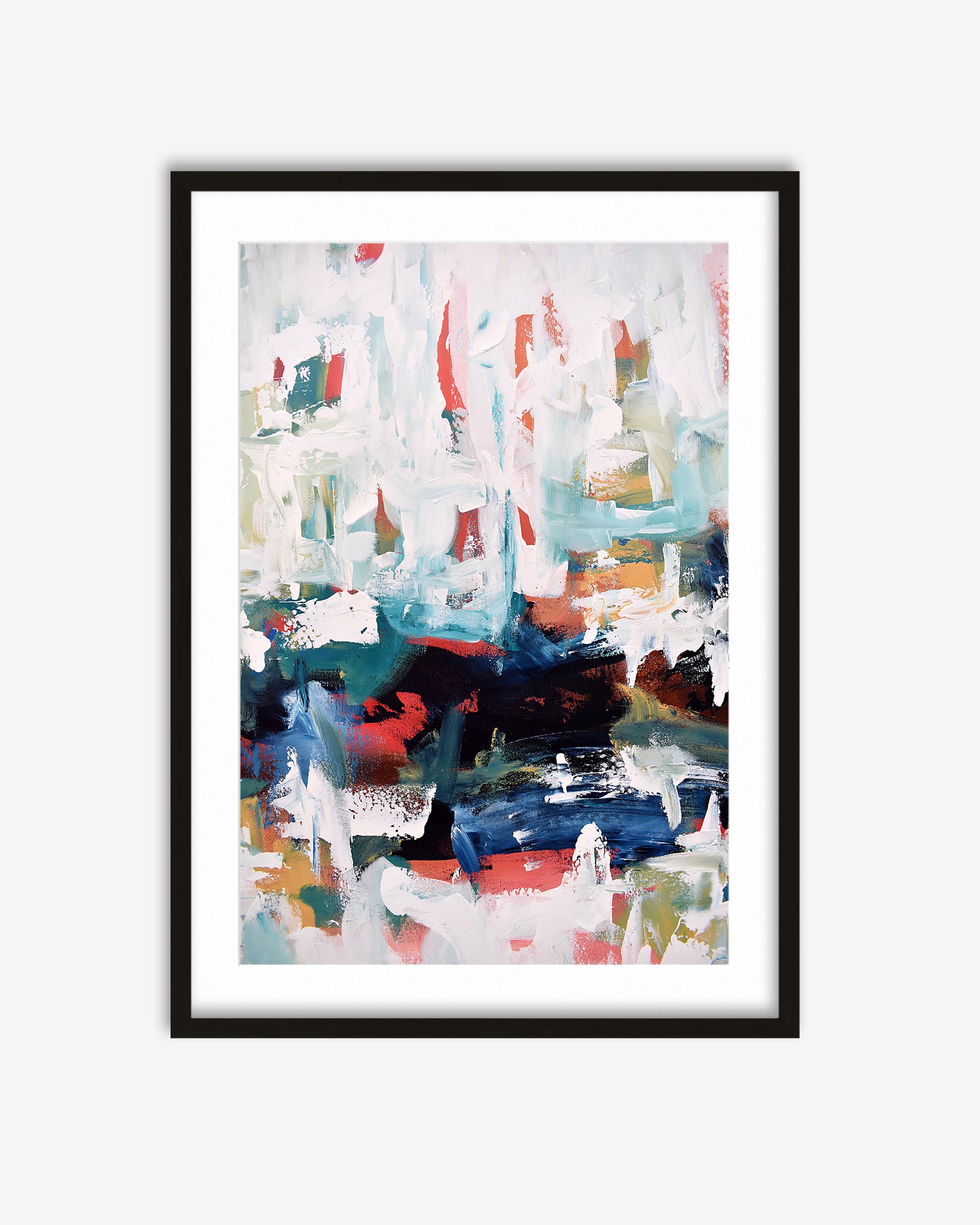 Framed abstract art print with colorful brush strokes on a white background