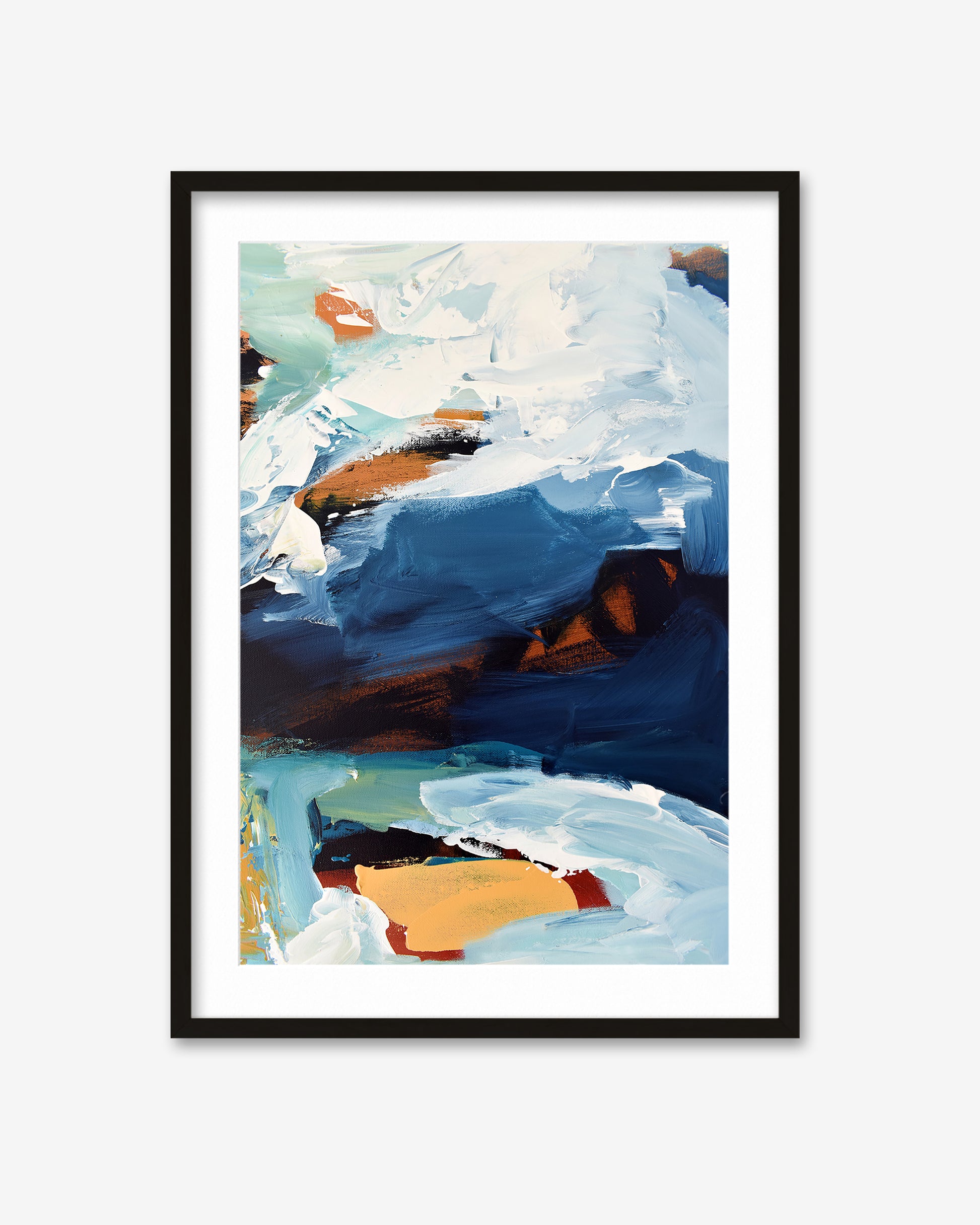 Framed abstract painting with blue, white, and orange colors on a white background