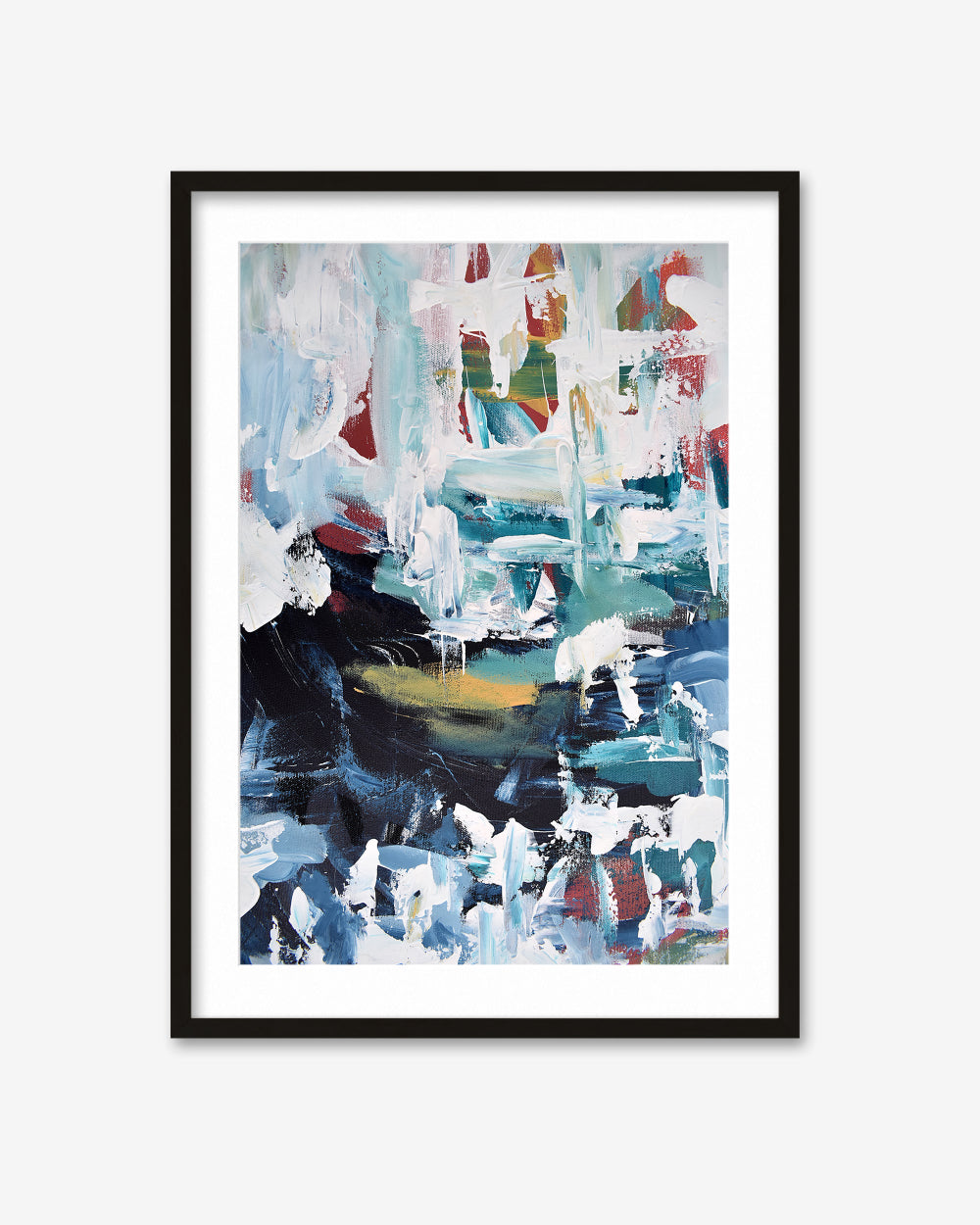 Framed abstract art print with colorful brush strokes on a white background