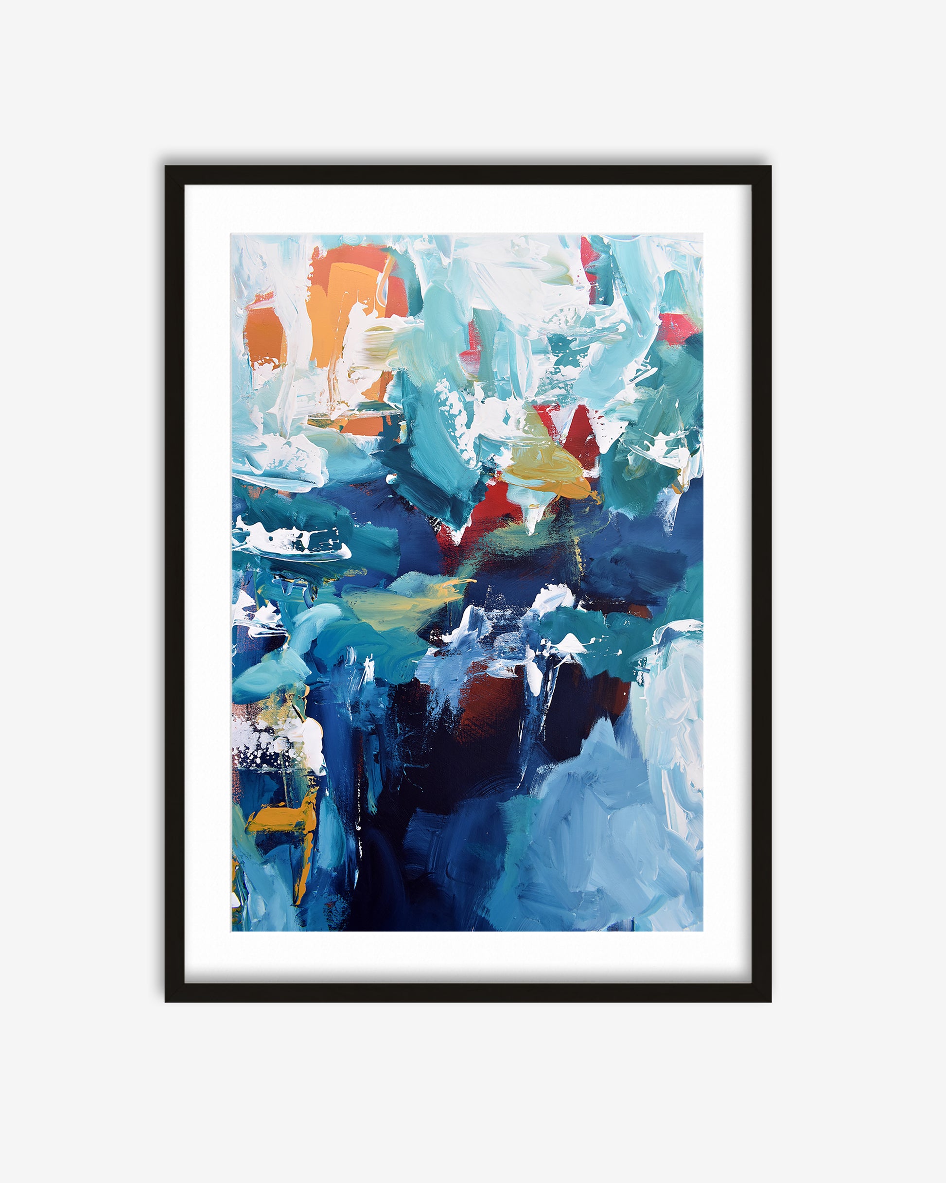 Framed abstract art print with colorful abstract design on a white background
