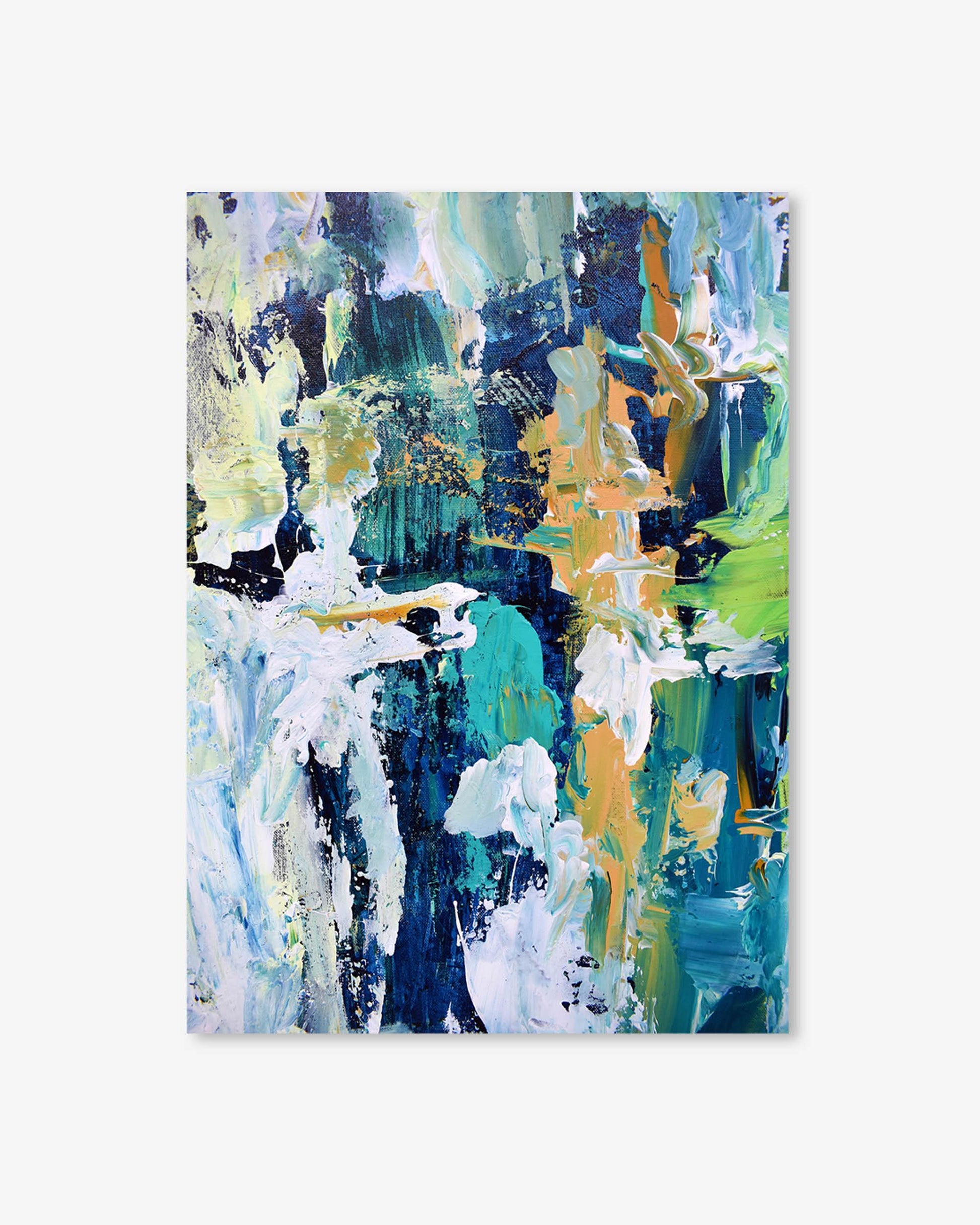 Abstract art print with a mix of blue, green, and white colors on a white background