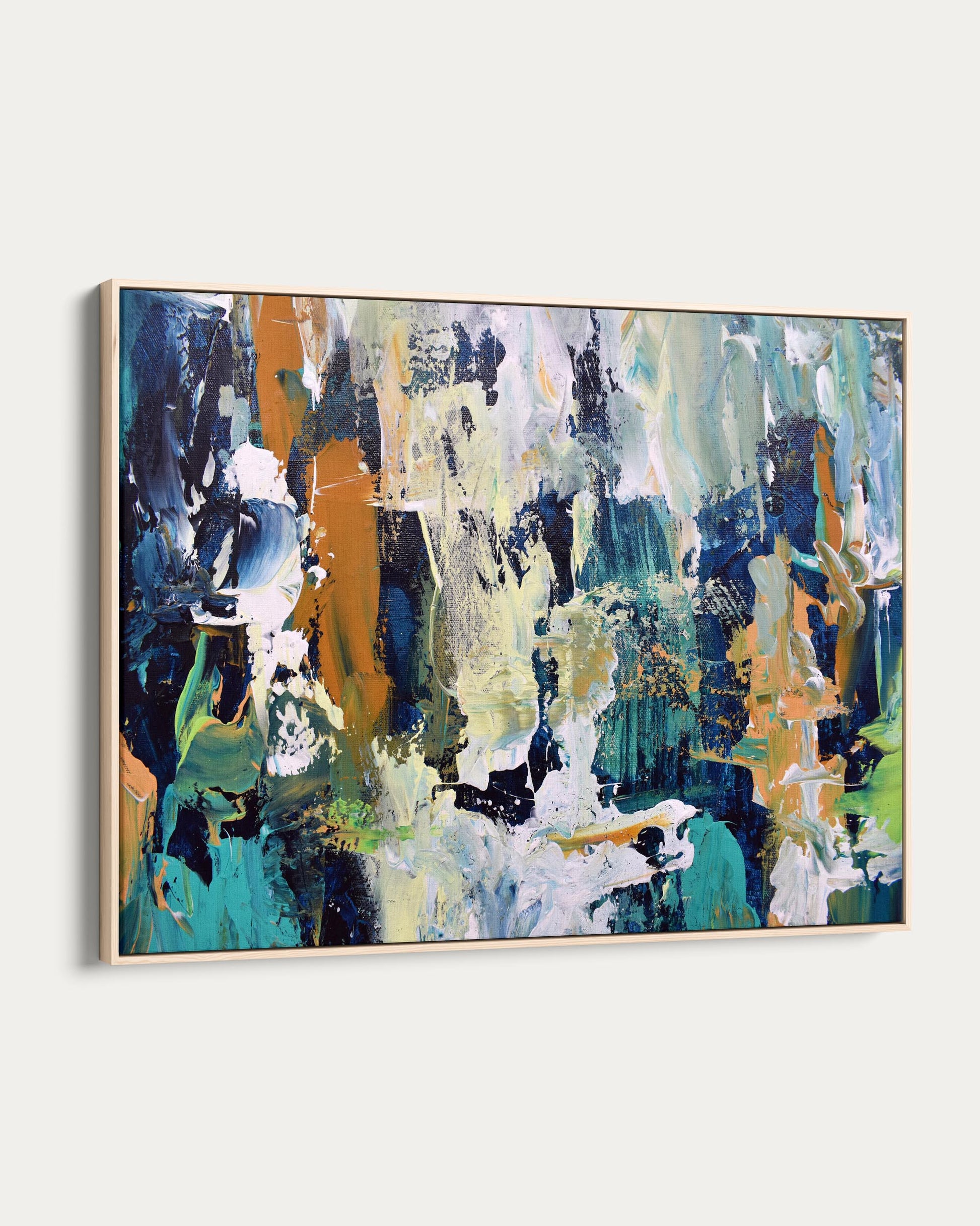 Abstract painting with blue, green, and orange colors on a white background