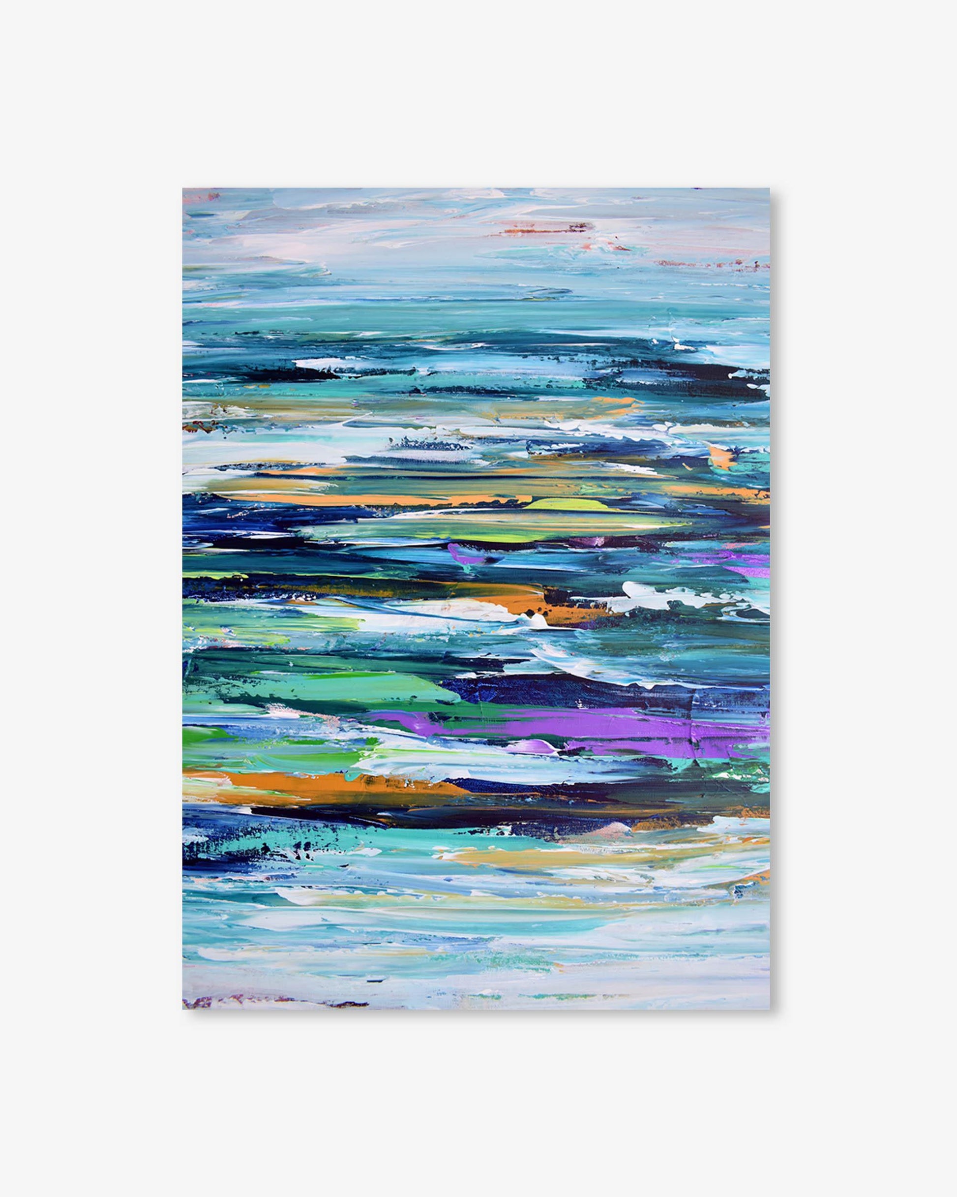 Abstract painting with horizontal stripes of various colors on a white background