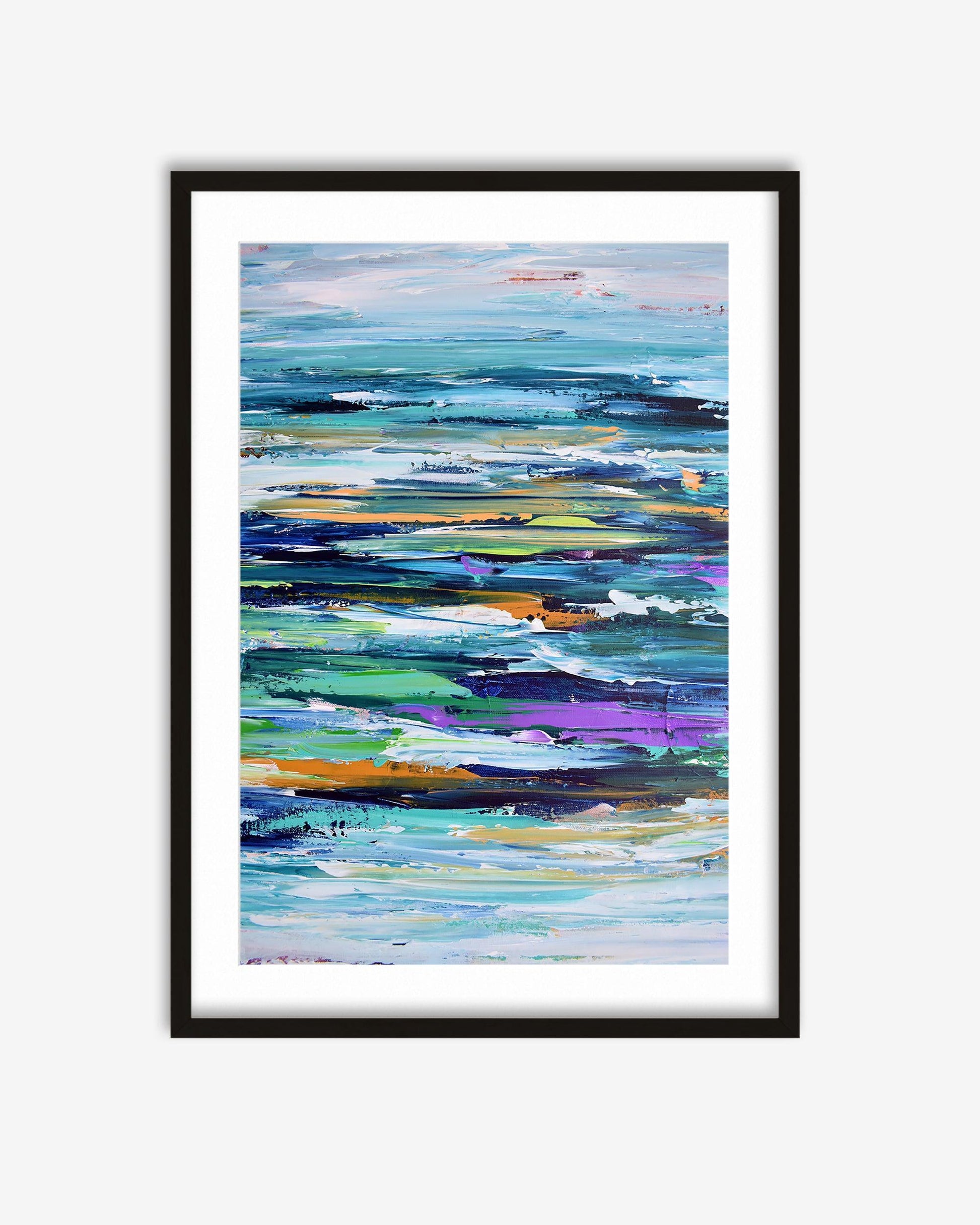 Framed abstract artwork with colorful brush strokes on a white background