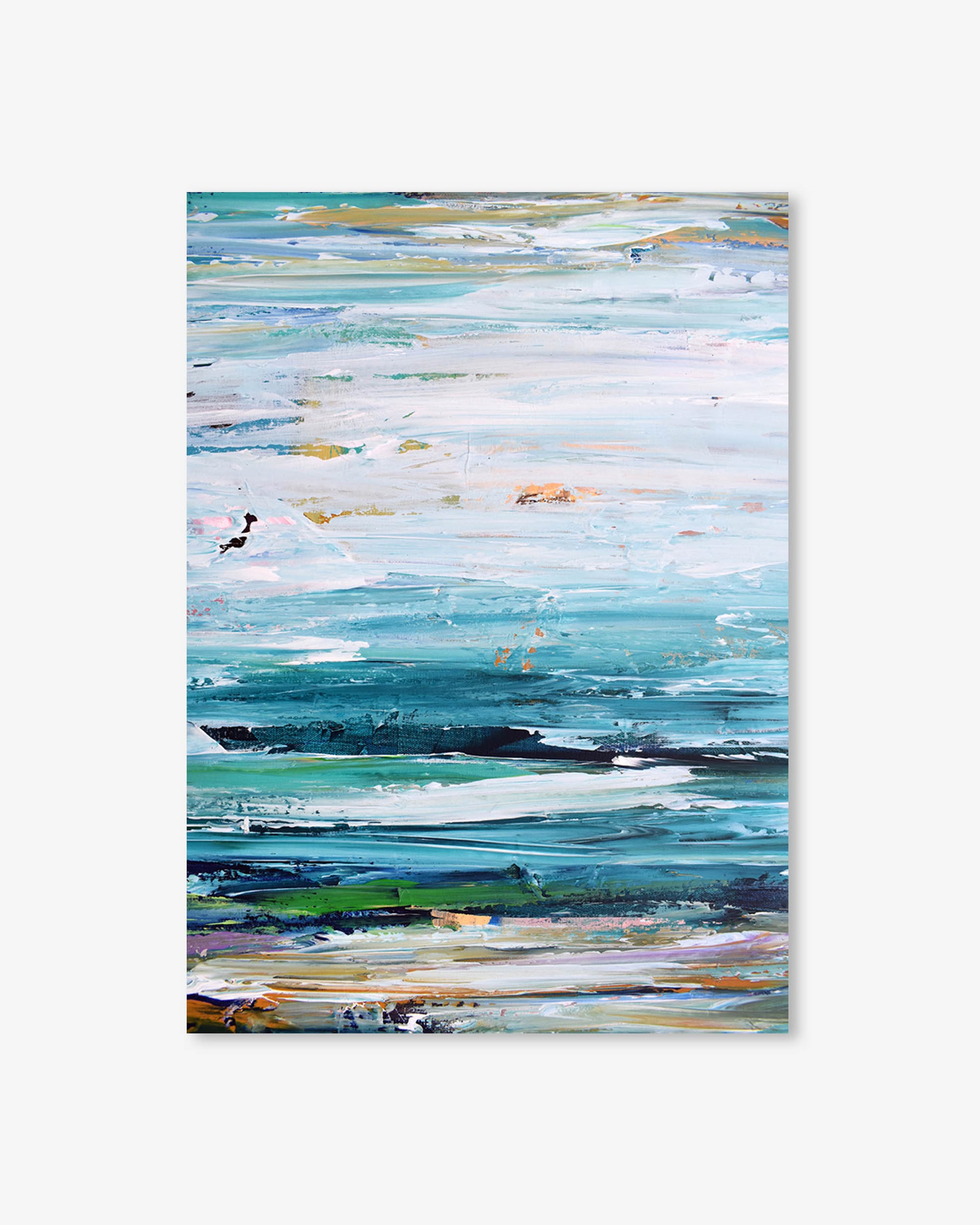 Abstract painting with horizontal brush strokes in various colors on a white background
