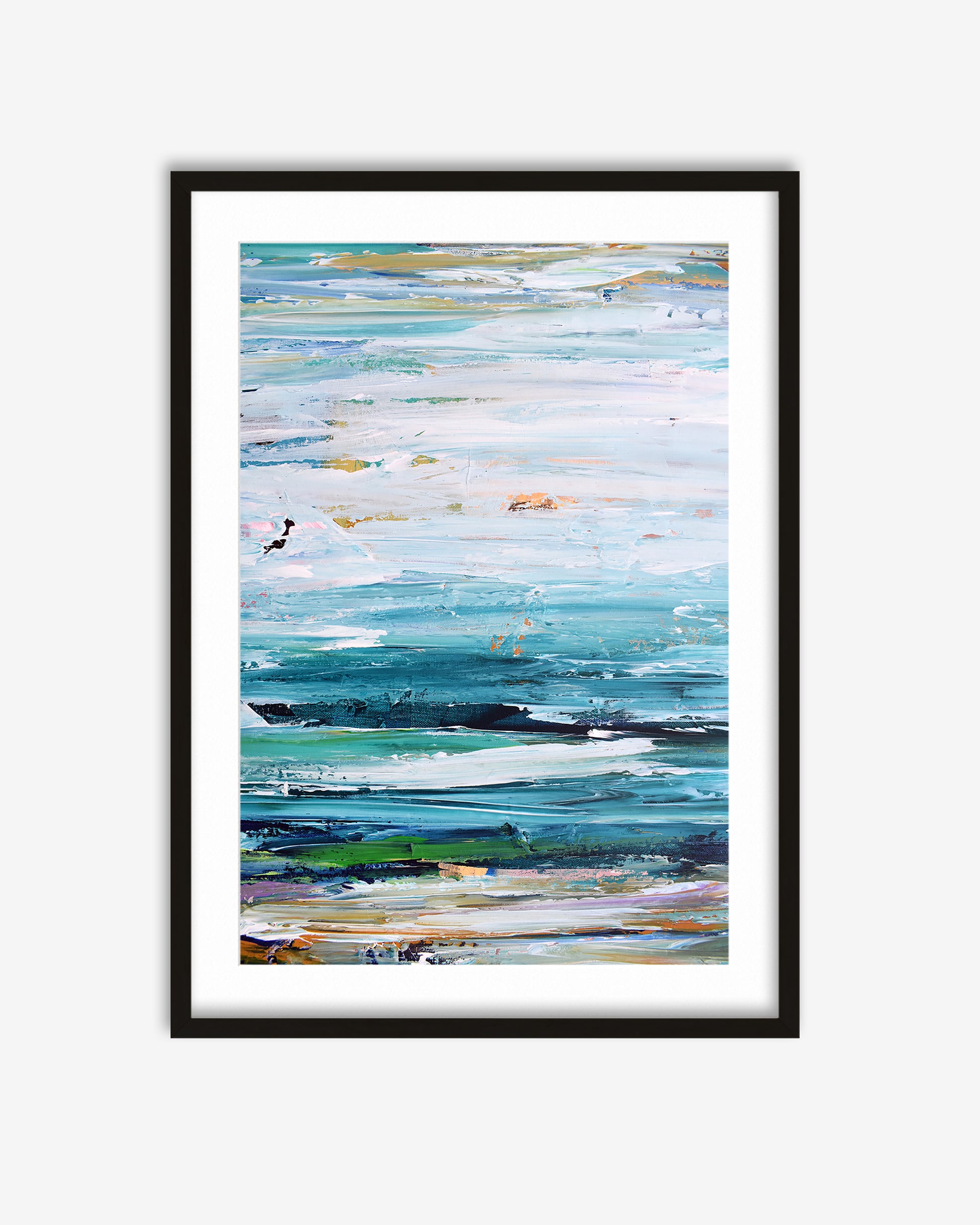Framed abstract artwork with blue and green hues on a white background