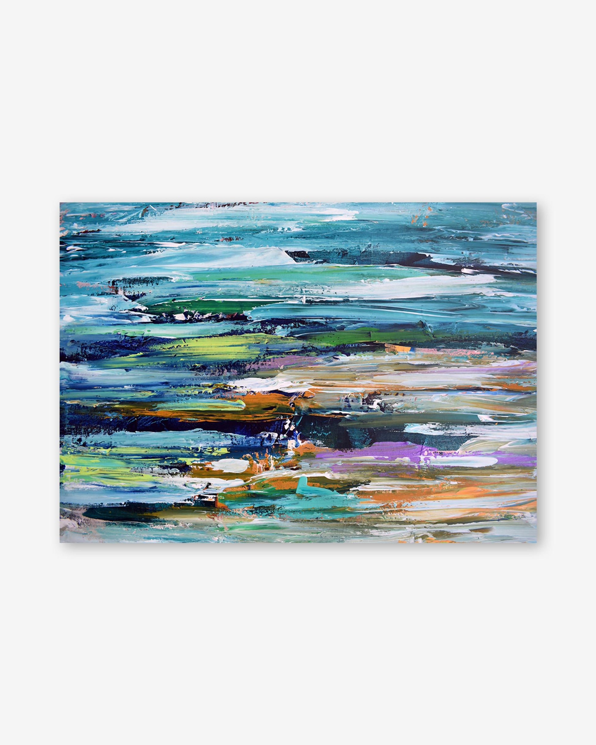 Abstract painting with horizontal brush strokes in various colors on a white background