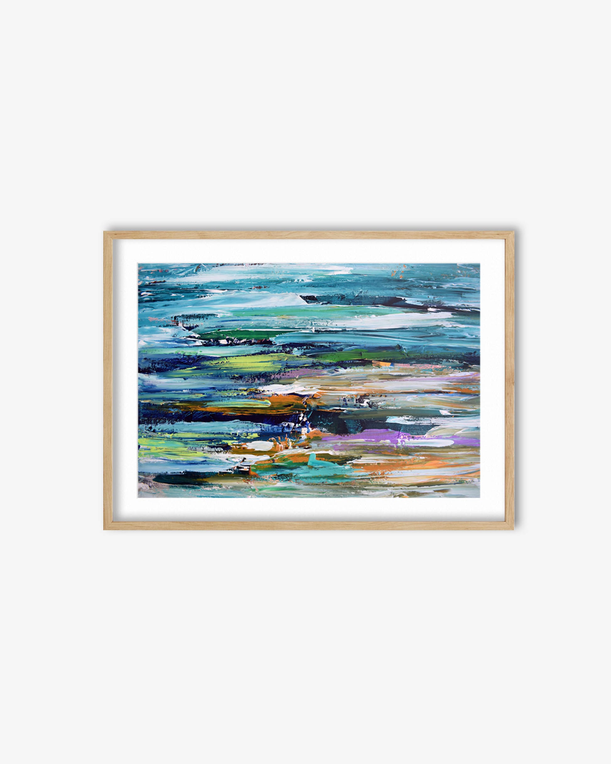 Framed abstract painting with colorful brush strokes on a white wall