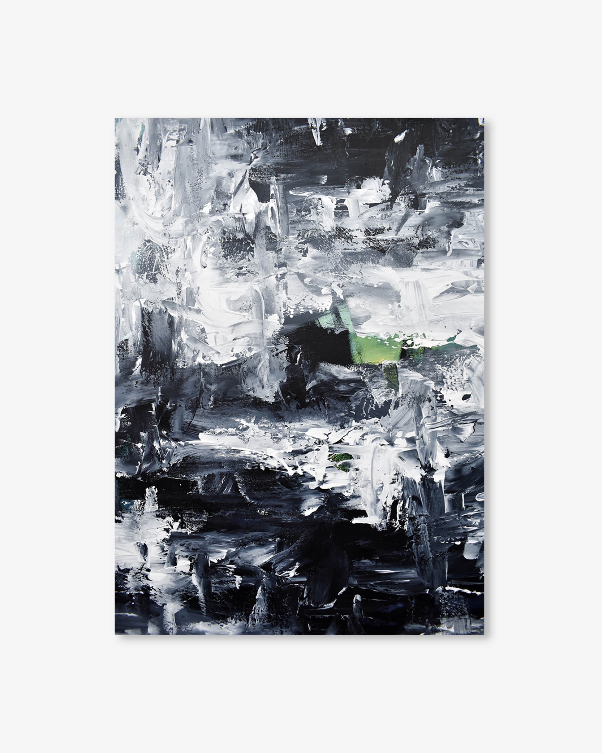 Abstract art print with black, white, and gray brush strokes on a white background