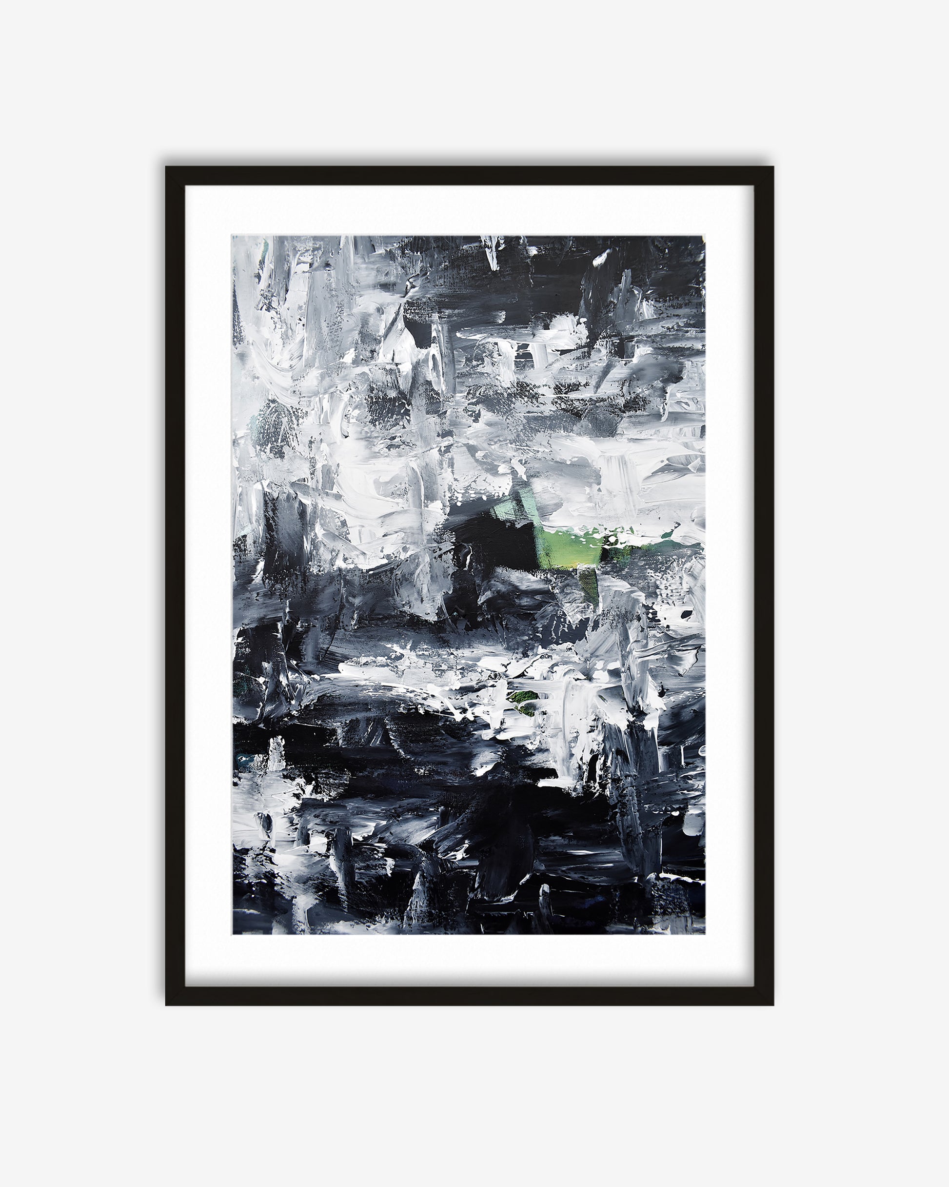 Framed abstract art print with black and white brush strokes on a white background