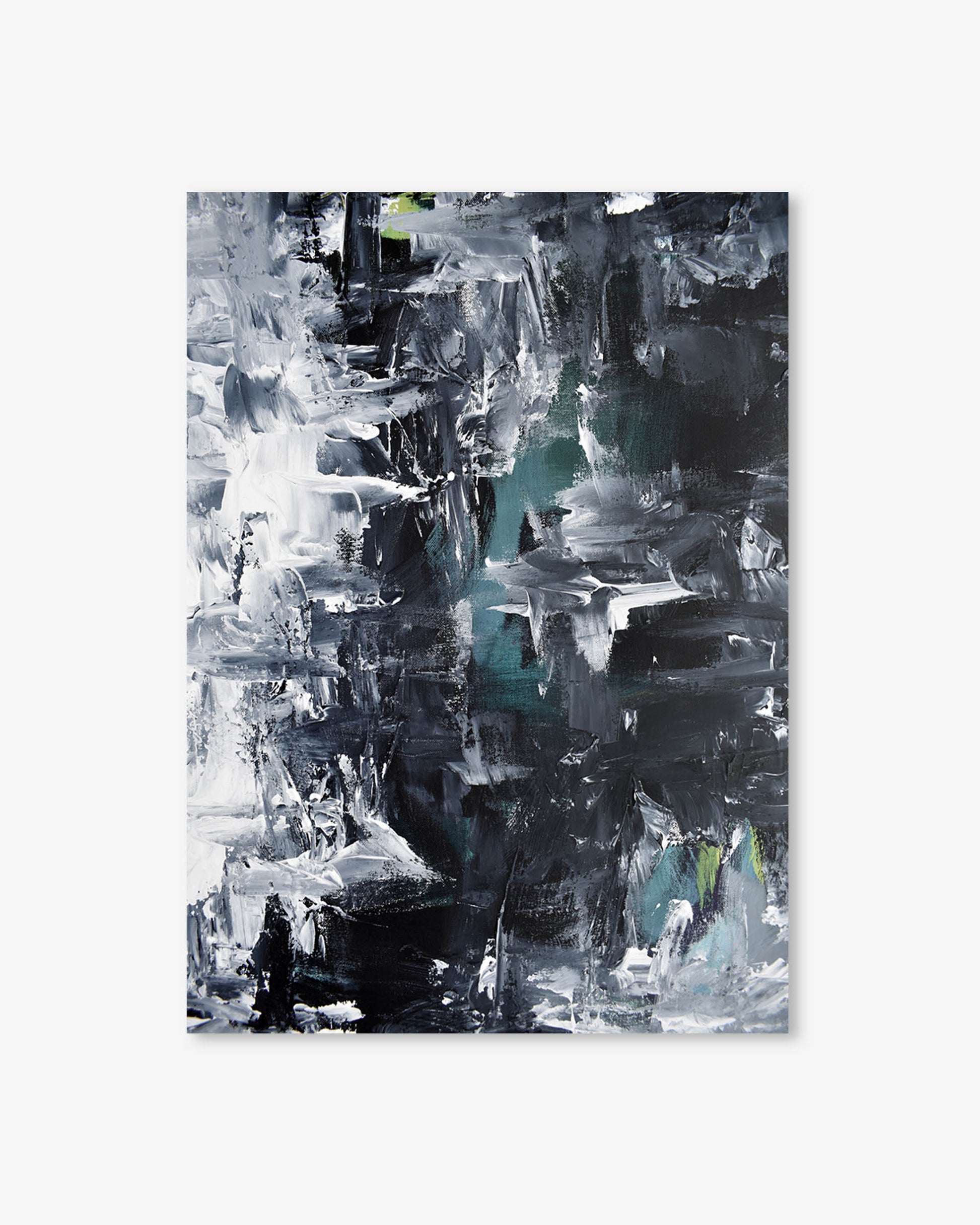 Abstract art print with black, white, and gray brush strokes on a white background