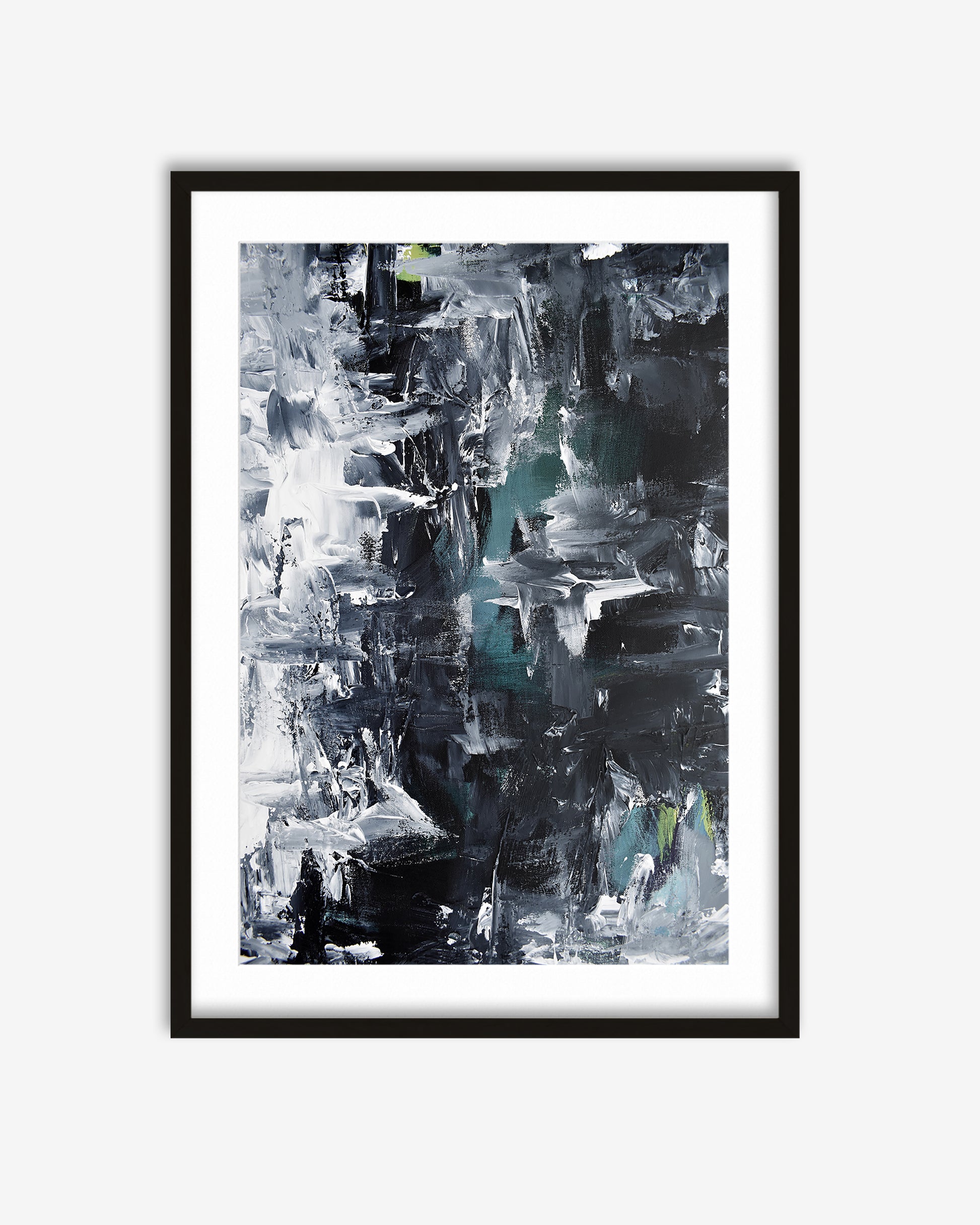Framed abstract art print with black, white, and gray colors on a white background