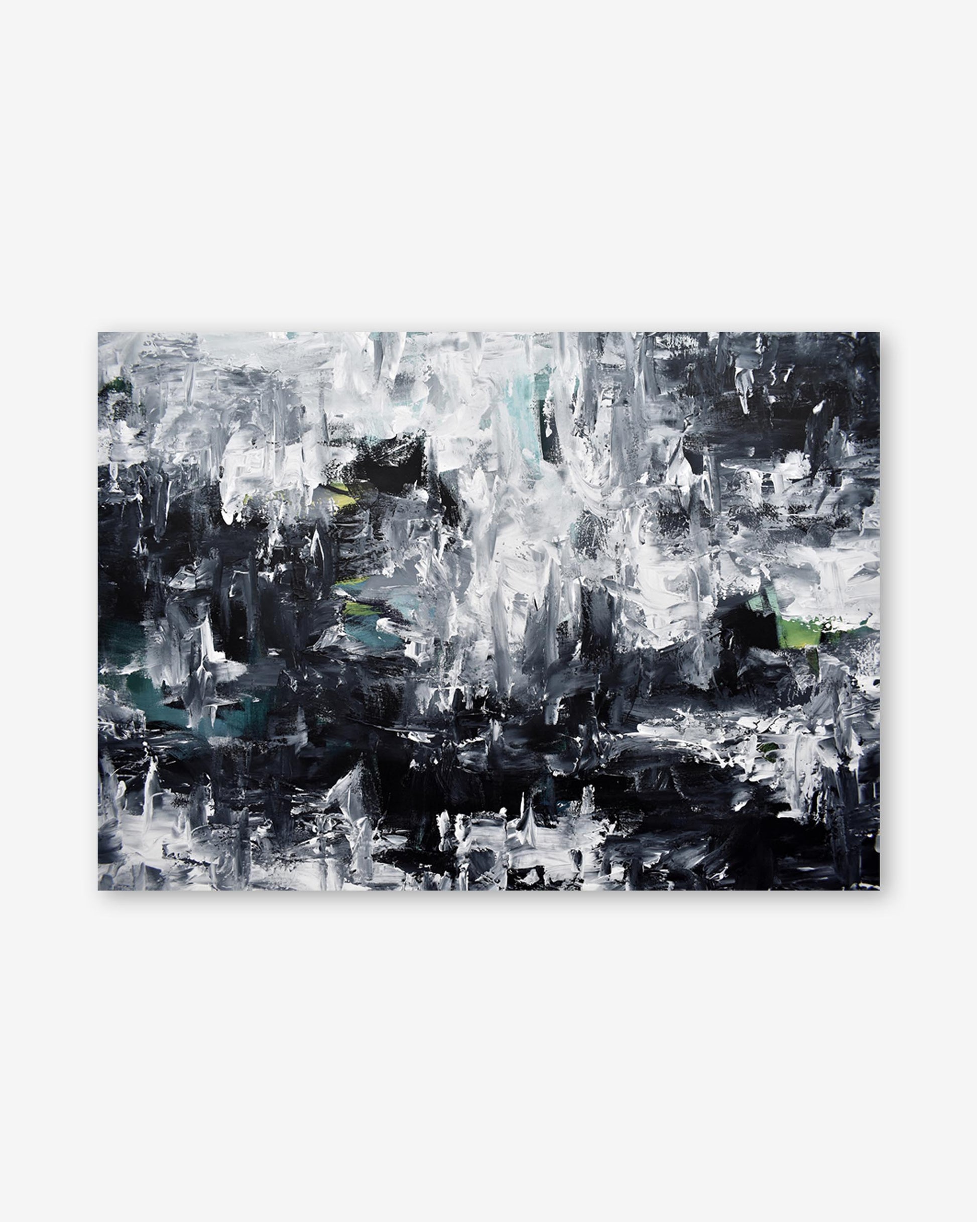 Abstract art piece with black, white, and gray colors on a white background