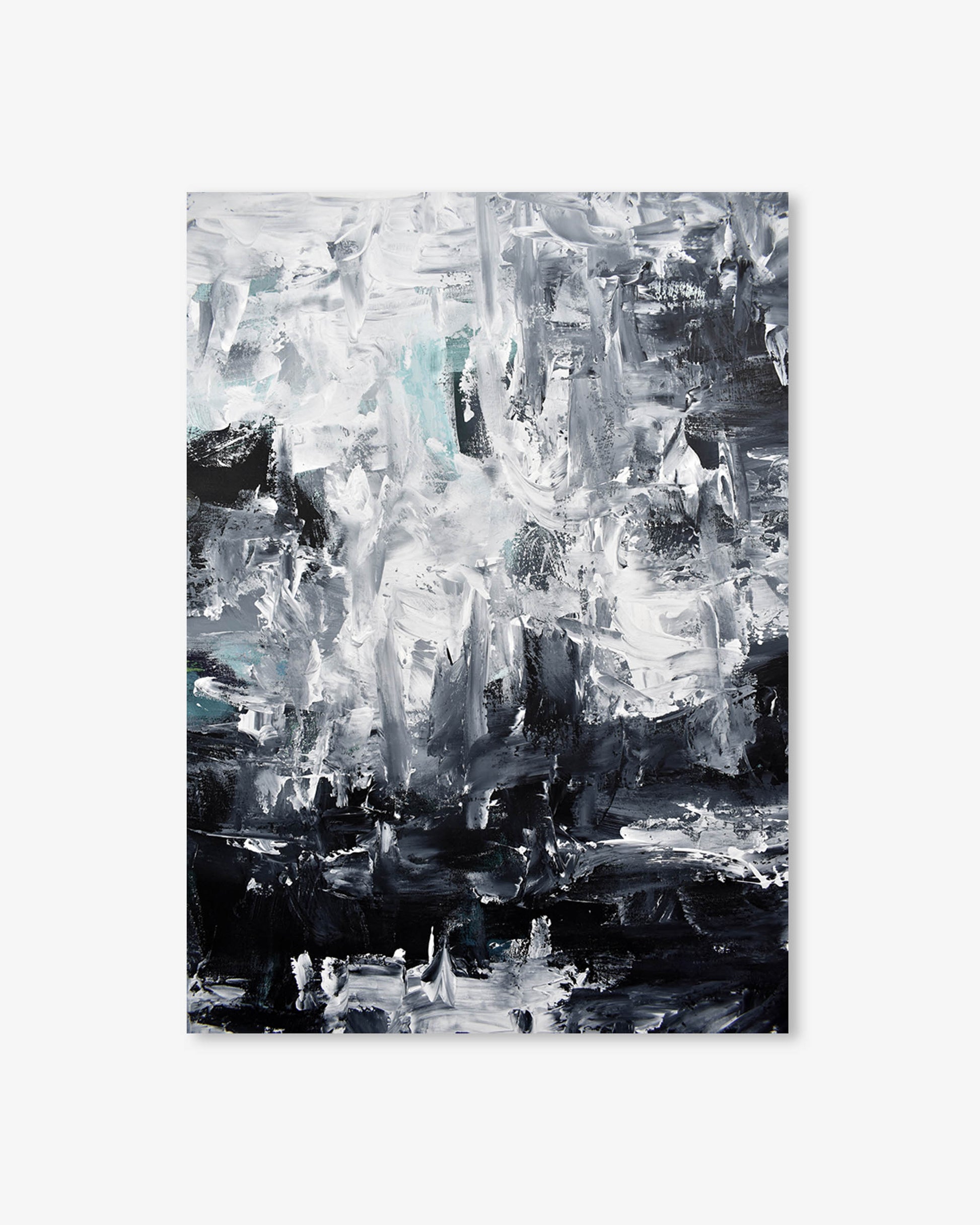 Abstract art print with black, white, and gray brush strokes on a white background