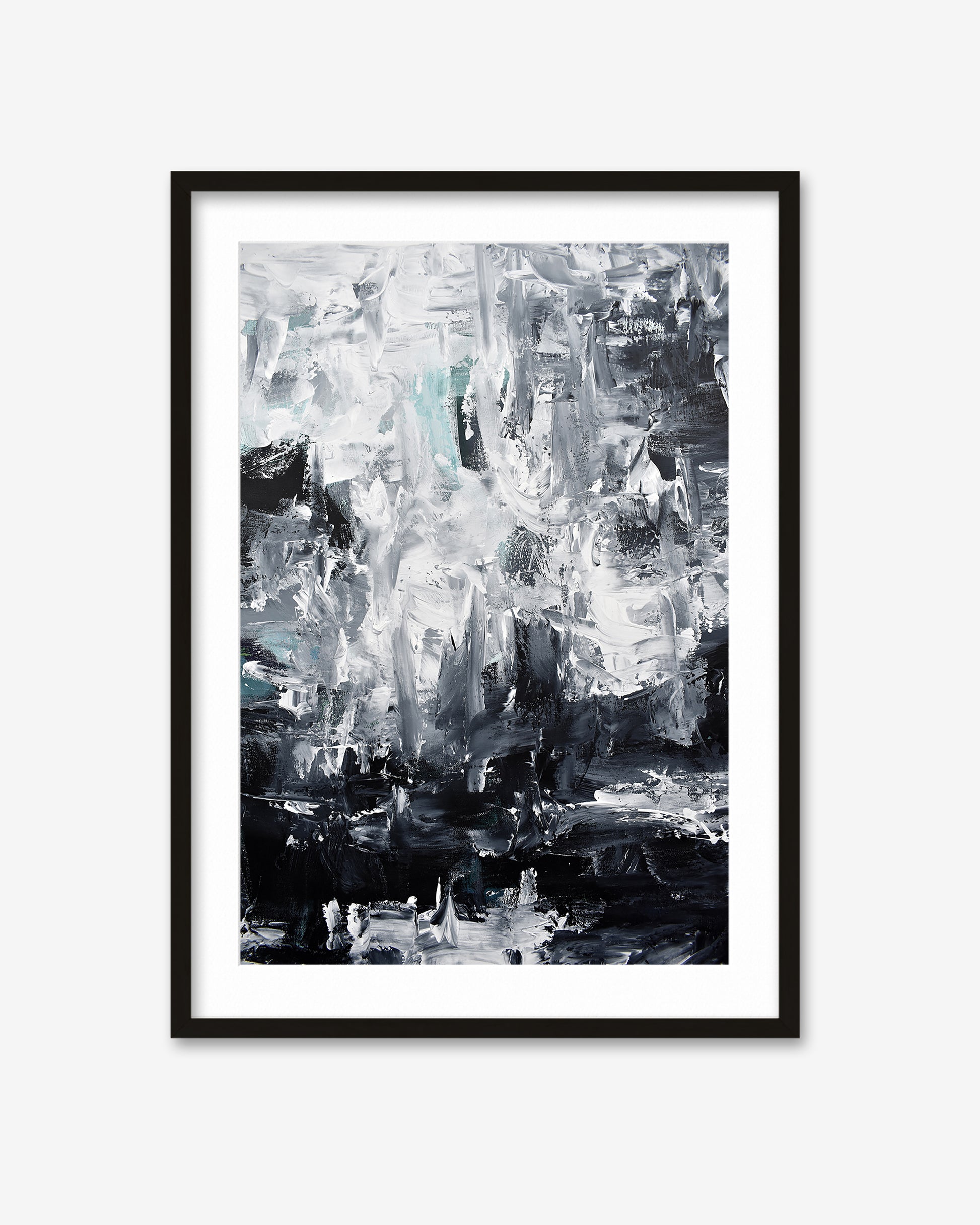 Framed abstract art print with black, white, and gray colors on a white background