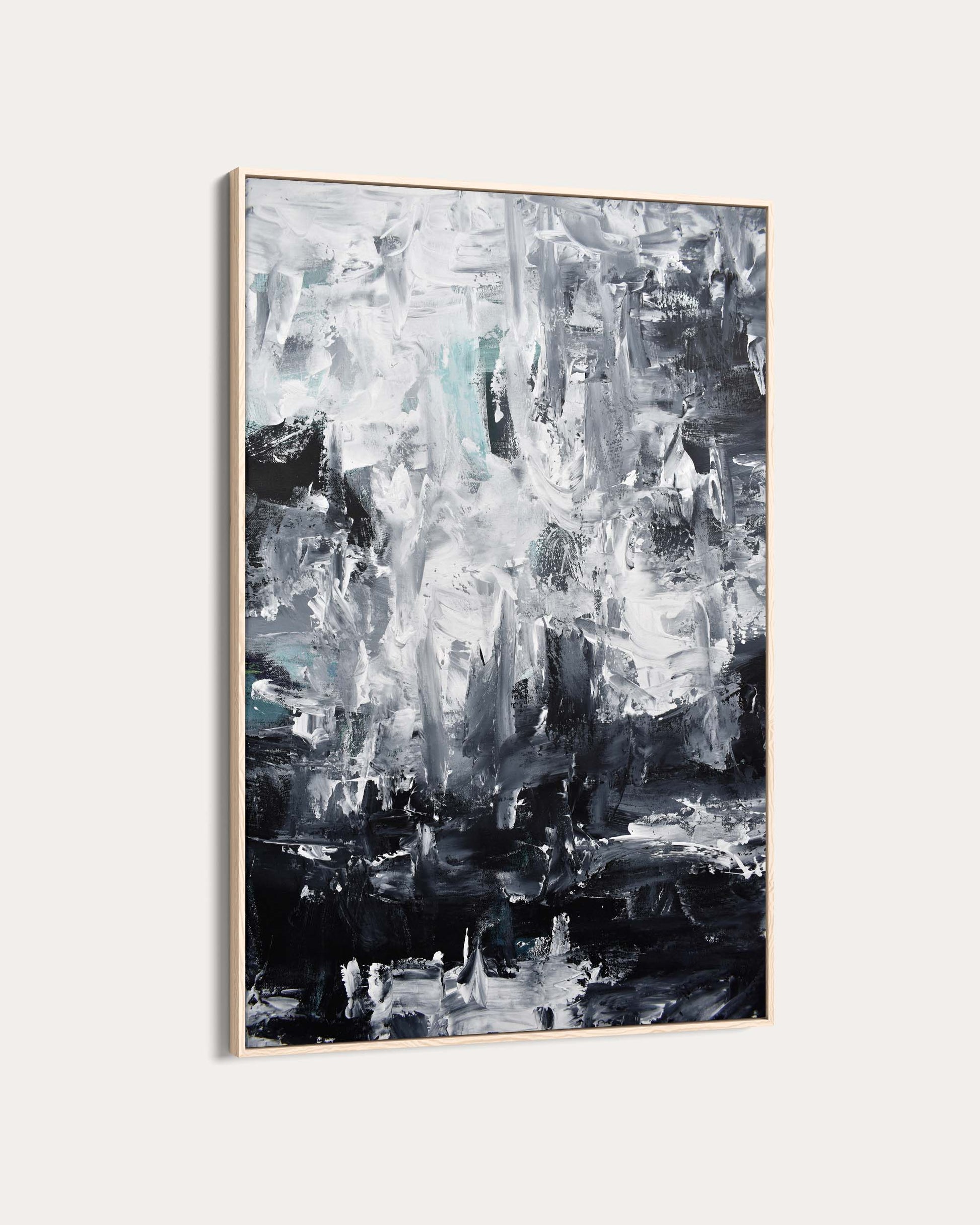 Abstract art painting with black, white, and gray colors on a light gray background
